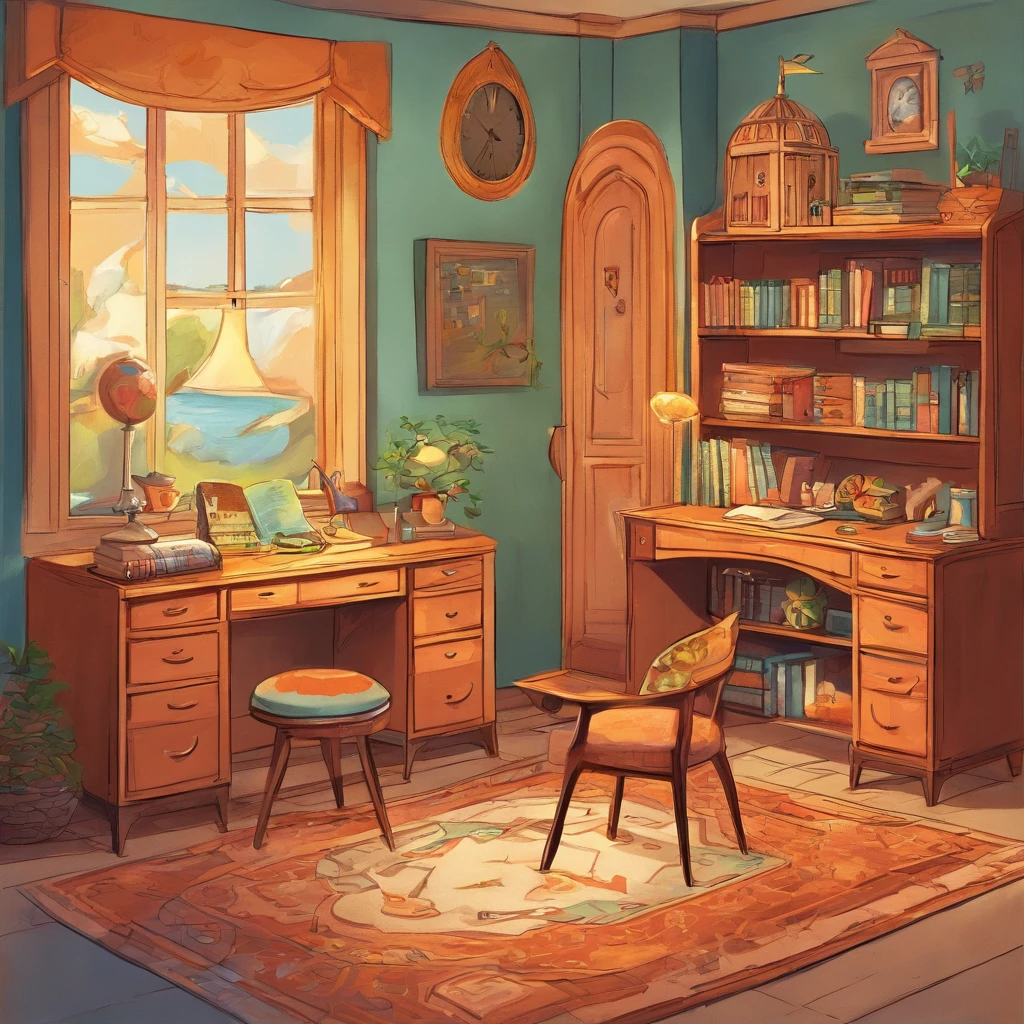 There is a boy's room with ( a bed in the middle of the room ), (a desk with a pencil, a notebook and a textbook), (a chair in front of the desk), (a wardrobe with double doors ), a carpet, a wall clock, a wall painting, (a bookcase with several books on its shelves), a full-length mirror. The room has the same dimensions in width, breadth or depth. This image captures the furniture, home and lifestyle of 1950s America. There will be no technological products in the picture.