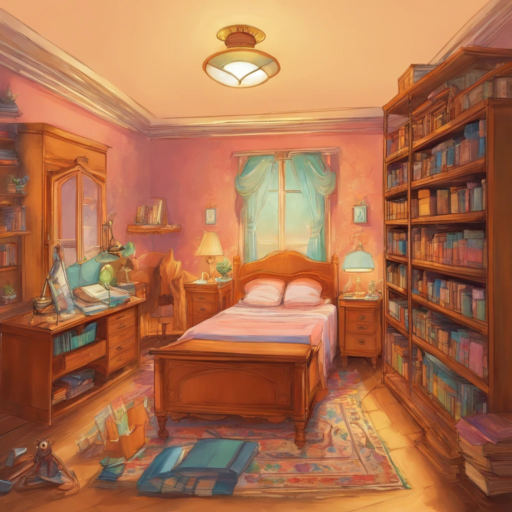There is a boy's room with ( a bed in the middle of the room ), (a desk with a pencil, a notebook and a textbook), (a chair in front of the desk), (a wardrobe with double doors ), a carpet, a wall clock, a wall painting, (a bookcase with several books on its shelves), a full-length mirror. The room has the same dimensions in width, breadth or depth. This image captures the furniture, home and lifestyle of 1950s America. There will be no technological products in the picture.