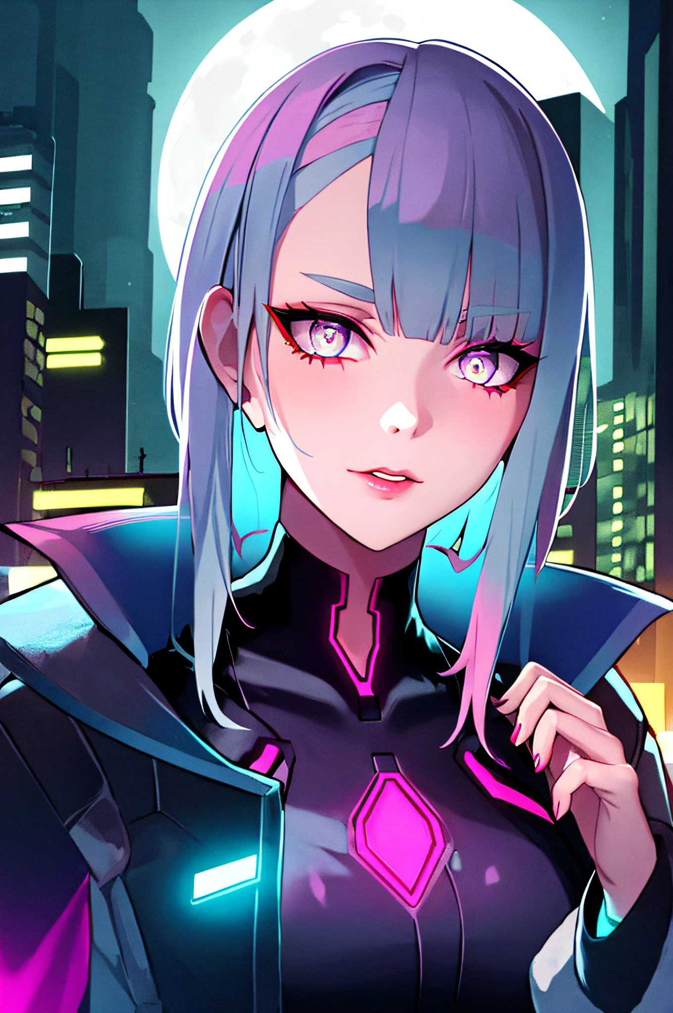 lucy \(cyberpunk\), 1girl, hair scrunchie, hime cut, silver hair, colored tips, full moon, grey eyes, jacket, long sleeves, looking at viewer, medium hair, multicolored hair, parted bangs, parted lips, pink hair, portrait, red eyeliner, red lips, solo, white jacket, cyberpunk \(series\), rainy night in a cyberpunk city with glowing neon lights