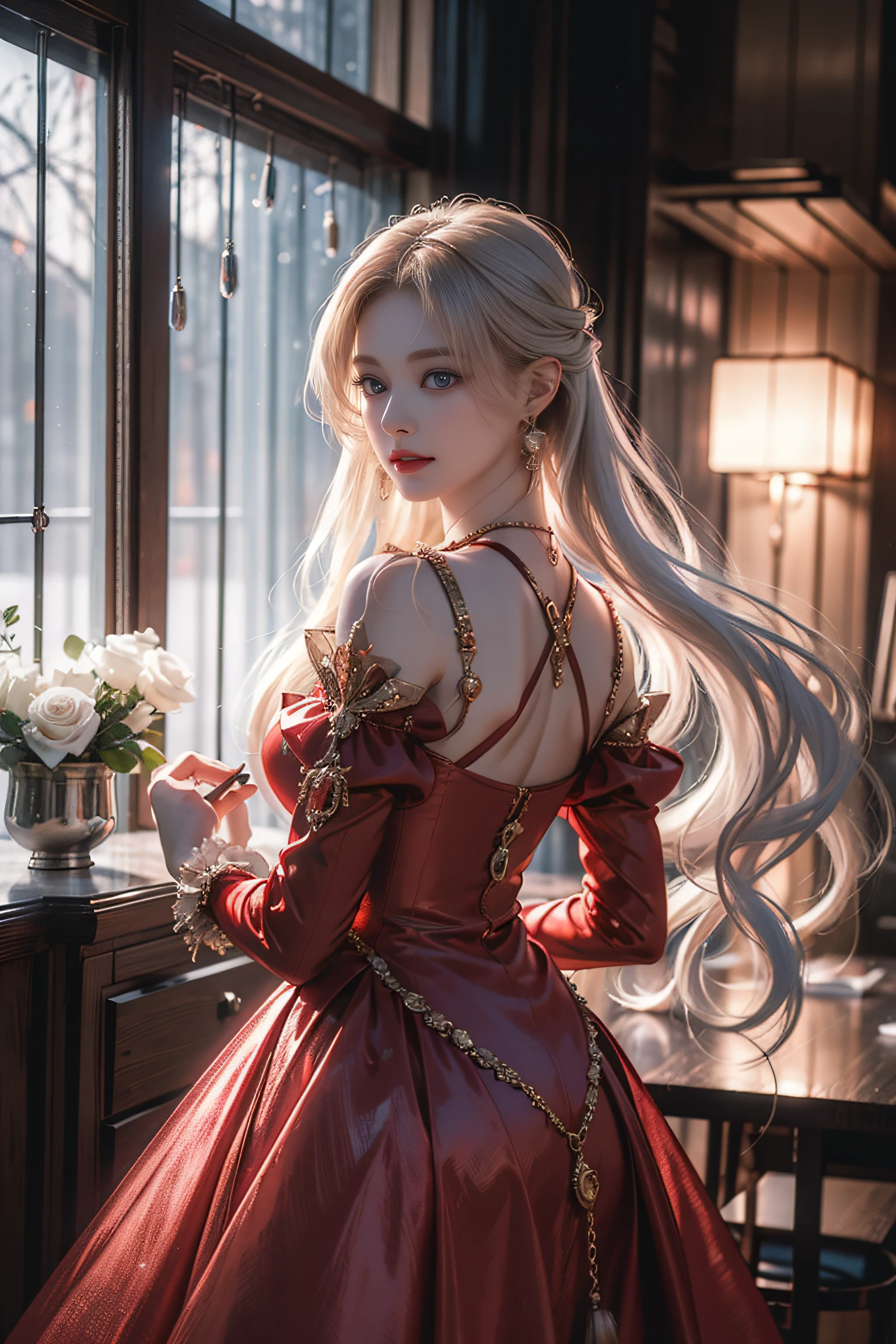 Top quality work，Photorealistic works，Ultra Premium Graphics，8K HD CG works，High-quality graphics，High-definition fine CG works，10x pixel，Ultra-fine details：1.1，Advanced technical details：1.1Photographically realistic，Indoor lighting effects：1.5，Natural light：1.5. light effect（Virtual Light Effects：1.8），超A high resolution，Shiny red dress，Long silver hair，Silver hair，Transparent hair，High Detail Hair（Premium Hair Detail：1.1）Clear eyes，Good looking double eyelids，Sharp eye makeup, Delicate makeup for eyelashes, Thin eyebrows, ultradetailed eyes，High Nose, lovely red lips, Rose cheeks, Face with delicate makeup , Pretty Face, A perfectly proportioned face,（Advanced facial details：1.1）Collection of shiny red luxury dresses，Bright red sequin dress，Sequin coat，shiny，Tight long skirt，Summer Sexy Hip Wrap Fishtail Sleeveless Commuter Maxi，Horse Stockings 100%Oil Gloss Panst Gloss Silk Luster 8D Black Silk Woman，stiletto heels，mitts，Beautiful long dresses，wonderful dress，Bright Red Series，Haute Couture Dresses Collection，Dress Photography，Authentic dress works，In the banquet hall，Women's Artwork，full-body view，Goddess of Dress，真实感，amazing，Today's eyes are bright