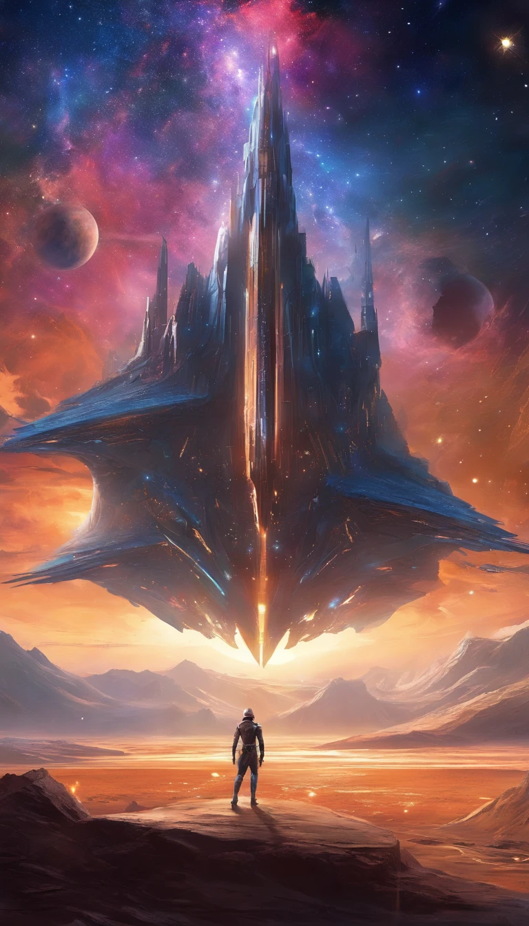 ((Masterpiece)),(Best quality)),Magnificent space image scene,heavenly body,Interstellar,((Huge star gates)),black hole,(((Huge starship))),Spaceship,Shining starry sky,8K,super-fine,high qulity
