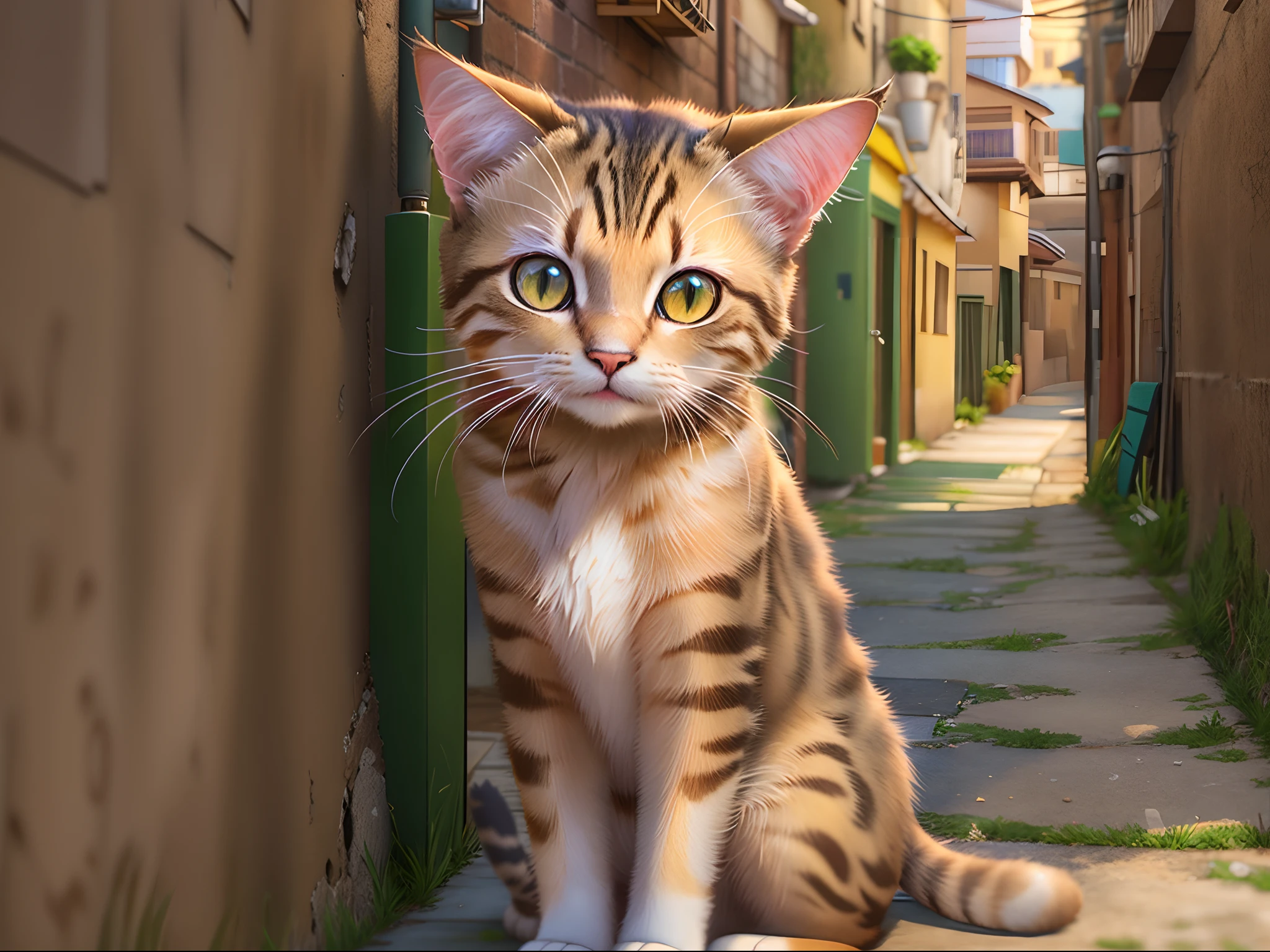 There is a cat sitting on the sidewalk in the alley, Gato de anime realista, Manchado ultra realista, Adorable pintura digital, Anime visual de un lindo gato, Estilo fotorrealista, fotorrealista altamente detallado, Foto altamente realista, Pintura digital altamente detallada, Imagen fotorrealista, ultra realistic 3d illustration, gato anime, Imagen ultra realista, Fotorrealismo de alta calidad