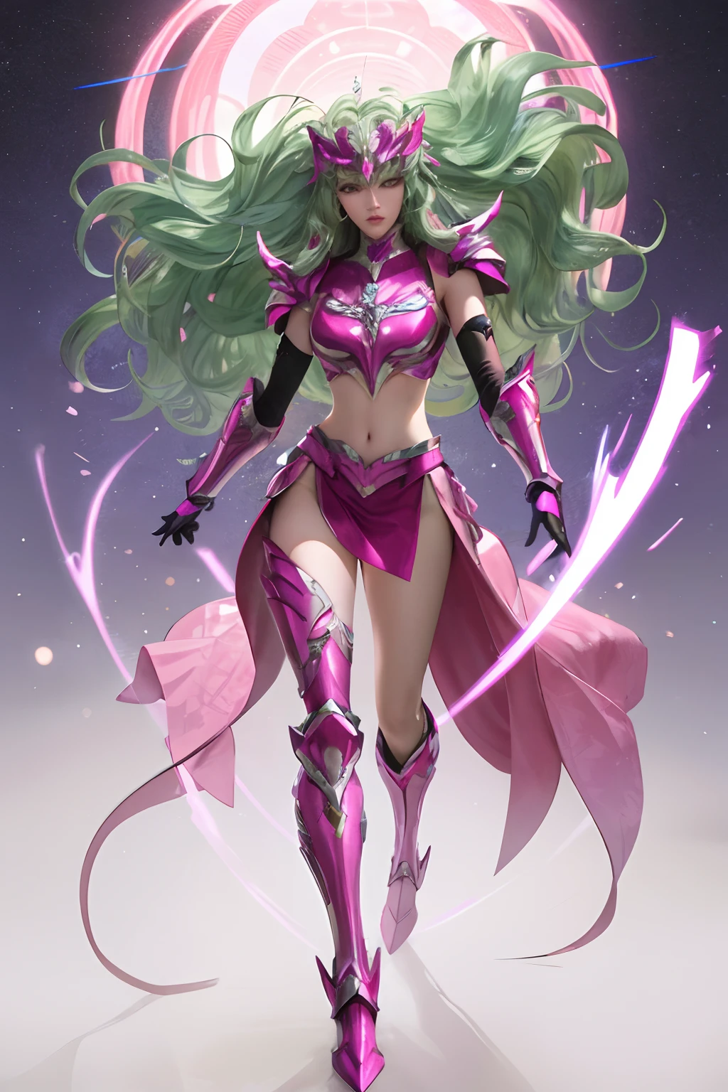 realistic image 8k, 1 beautiful girl full body of (long wavy green hair), slim waist, (saint seiya shun andromeda armor of metallic pink color), (helmet metallic pink color)