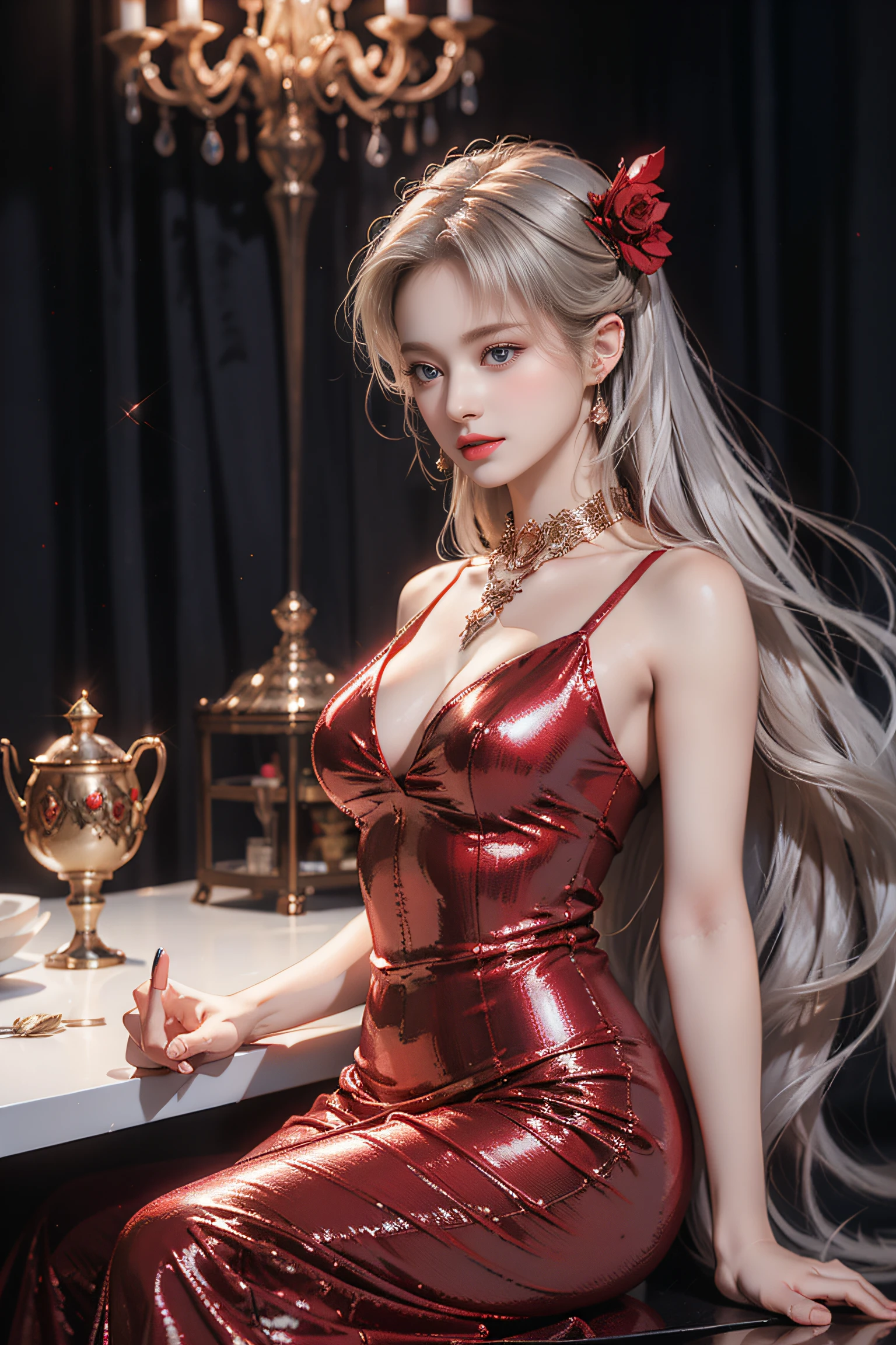Top quality work,Photorealistic works,Ultra Premium Graphics,8K HD CG works,High-quality graphics,High-definition fine CG works,10x pixel,Ultra-fine details:1.1,Advanced technical details:1.1Photographically realistic,Indoor lighting effects:1.5,Natural light:1.5. light effect(Virtual Light Effects:1.8),超A high resolution,Shiny red dress,Long silver hair,Silver hair,Transparent hair,High Detail Hair(Premium Hair Detail:1.1)Clear eyes,Good looking double eyelids,Sharp eye makeup, Delicate makeup for eyelashes, Thin eyebrows, ultradetailed eyes,High Nose, lovely red lips, Rose cheeks, Face with delicate makeup , Pretty Face, A perfectly proportioned face,(Advanced facial details:1.1)Collection of shiny red luxury dresses,Bright red sequin dress,Sequin coat,shiny,Tight long skirt,Summer Sexy Hip Wrap Fishtail Sleeveless Commuter Maxi,Horse Stockings 100%Oil Gloss Panst Gloss Silk Luster 8D Black Silk Woman,stiletto heels,mitts,Beautiful long dresses,wonderful dress,Bright Red Series,Haute Couture Dresses Collection,Dress Photography,Authentic dress works,In the banquet hall,Women's Artwork,full-body view,Goddess of Dress,真实感,amazing,Today's eyes are bright