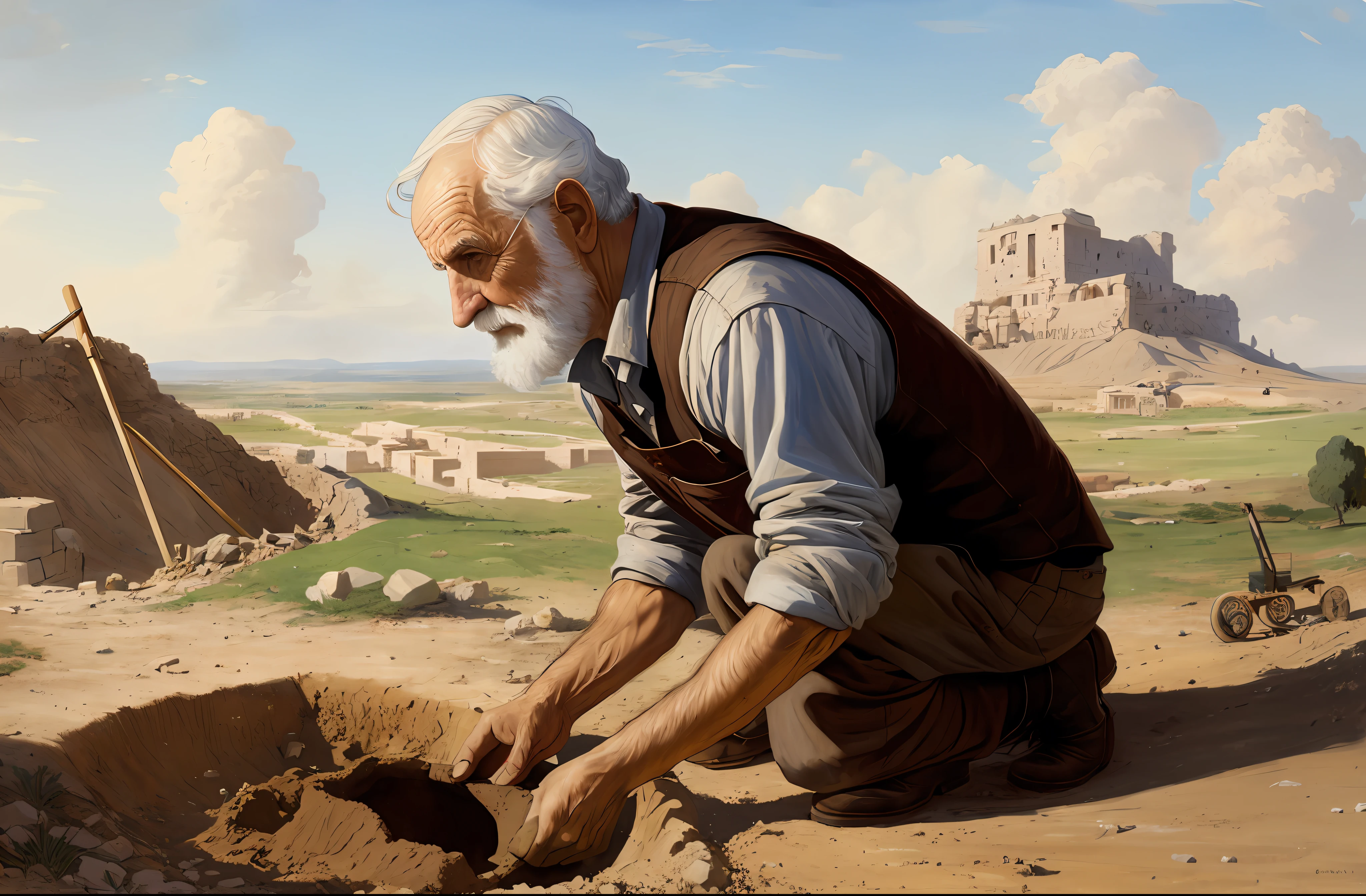 Painting of a man kneeling down in a desert with a shovel - SeaArt AI