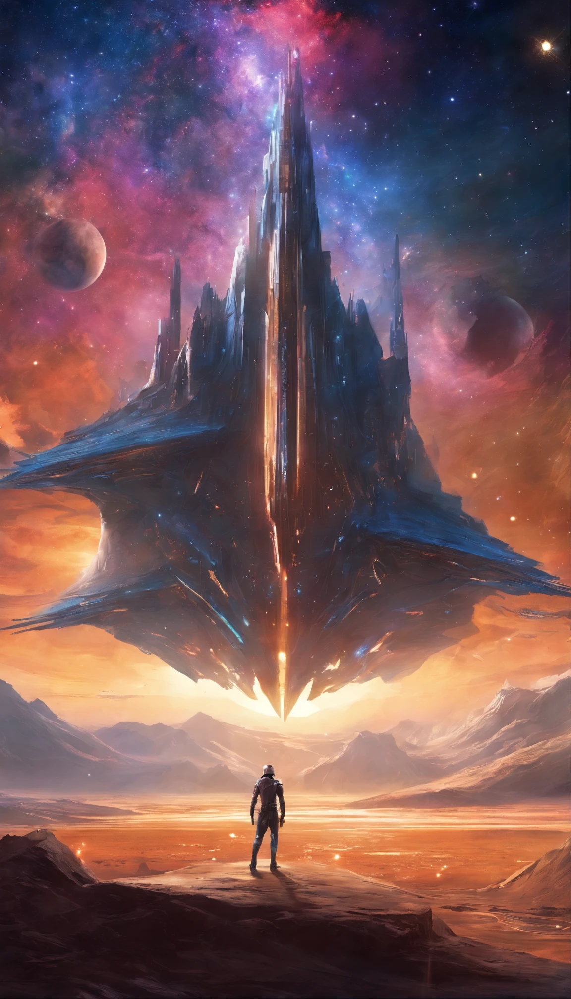 ((Masterpiece)),(Best quality)),Magnificent space image scene,heavenly body,Interstellar,((Huge star gates)),black hole,(((Huge starship))),Spaceship,Shining starry sky,8K,super-fine,high qulity