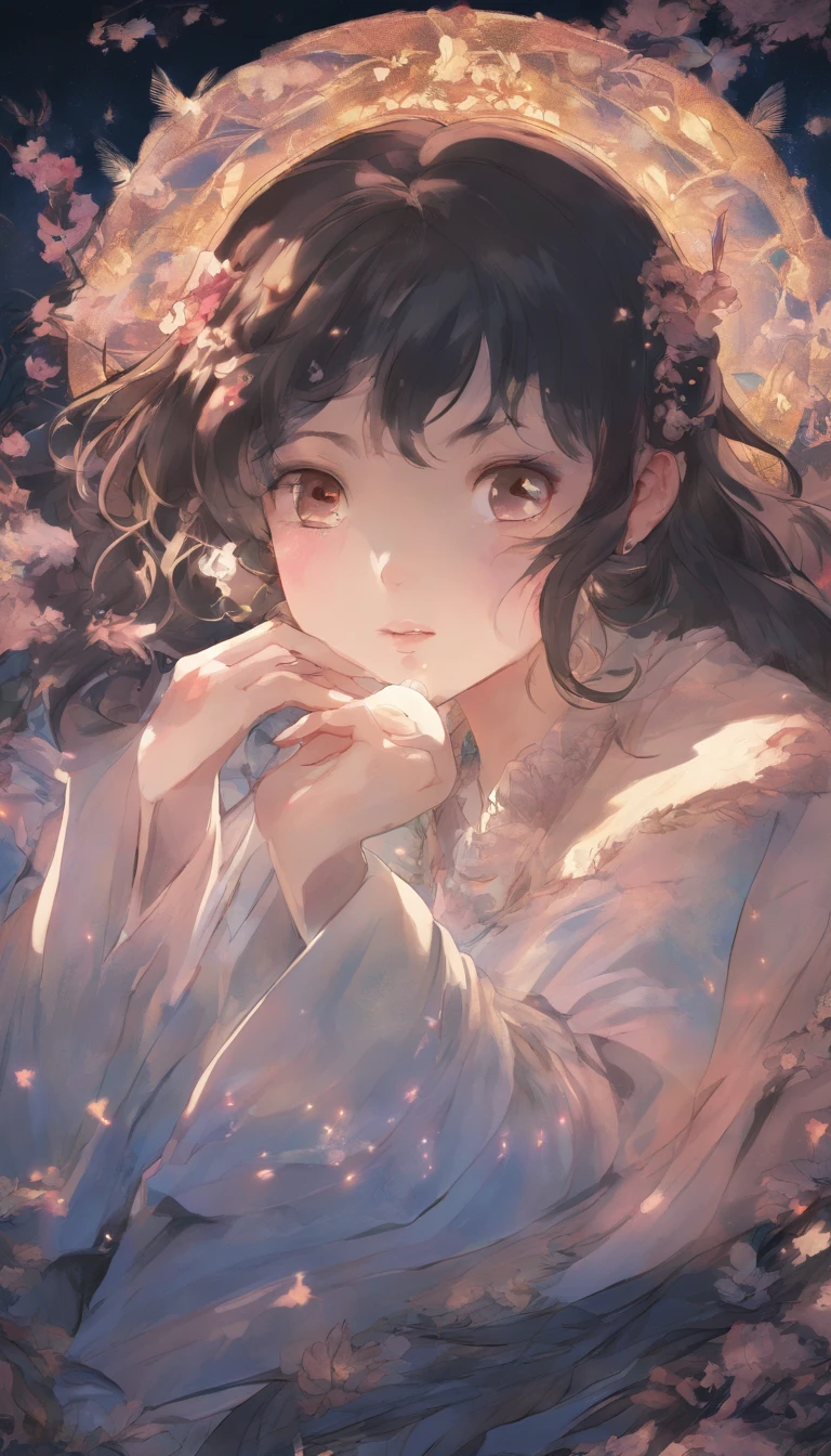 Masterpiece, high resolution, illustration, in style of kyoto animation, Your name is cinematic style, Night, midnight, Light, (1 woman: 1.3), (Solo: 1.4), Long eyelashes, a short bob, nose blush, futon, lying down, Naked, facial closeups, hiding chest with hands, Hiding by hand,
