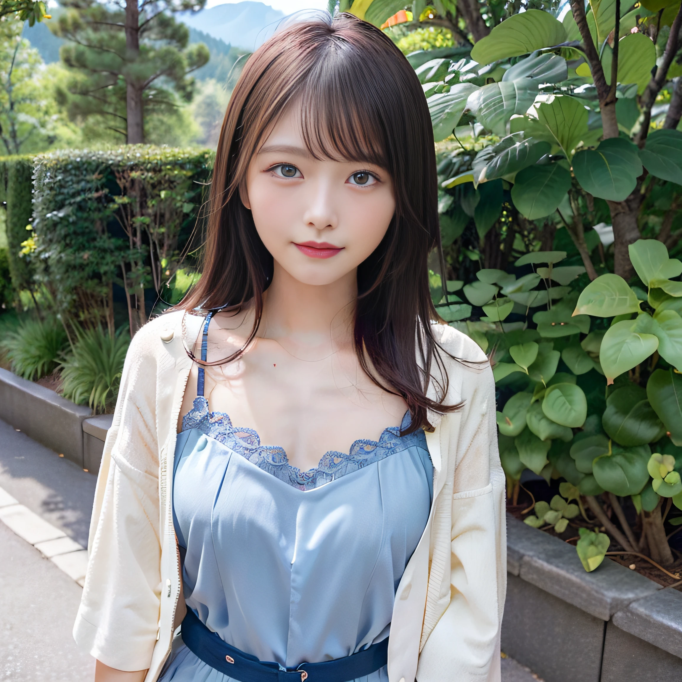 (8K、Raw photography、top-quality、masuter piece:1.2)、ultra-detailliert、ultra res、high-definition RAW color photography、Professional Photography、highly detailed and beautiful、At 8K、Very detailed beauties、extra detailed face、extremely detailed eye、highlydetailed skin、extremely detailed fingers、highly detailed nose、very detailed detailed mouth、细致背景、Detailed clothing、Beauty 1 person、age 30s:1.4、nogizaka、Realistic body、小柄、de pele branca、glistning skin、Slim body、Handsome body、A dark-haired、(bluntbangs: 1.2)、Shy smile、kawaii、kawaii faces、Delicate eyes、Looking at the camera、front facing、standing athletic pose、动态照明、middlebreasts、beauty legs、The upper part of the body:1.3、gravure、FULL BODYSHOT、Fashionable clothes、Park on the mountain、Superb view、blue-sky