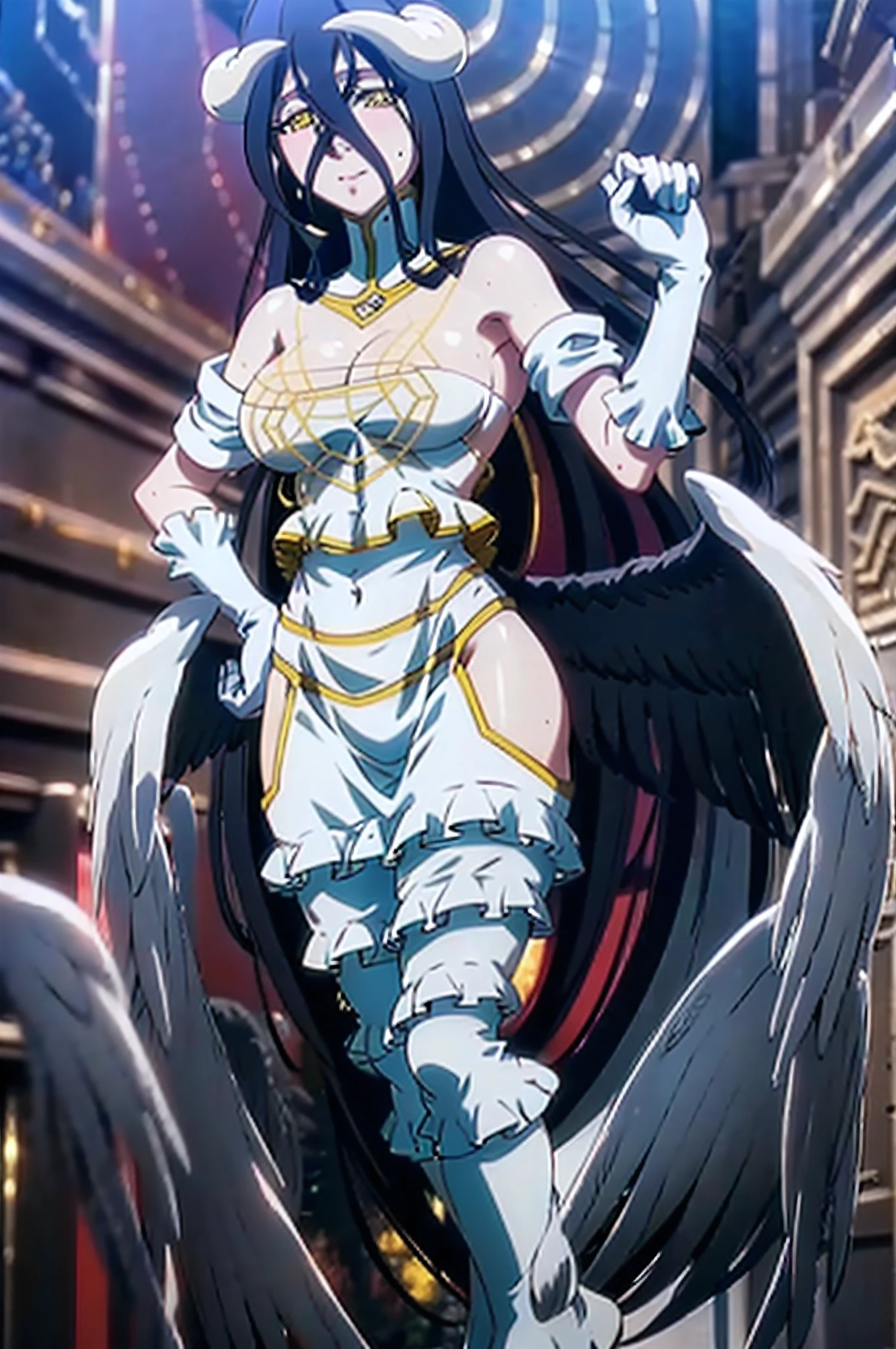 Albedo, ultra detailed, perfect body, detailed body, detailed wings, detailed hands, detailed face, detailed eyes, yellow eyes, detailed hair, high resolution, best quality, ultra detailed, 4k quality, 8k quality, master piece.