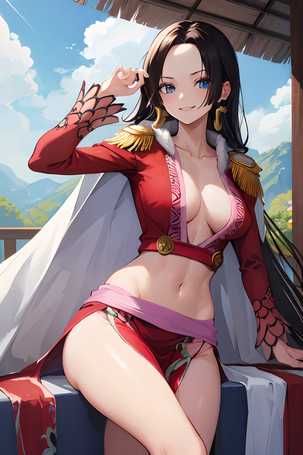 masterpiece, best quality, highres, hancock1, 1girl, boa hancock, large breasts, long hair, epaulettes, cape, crop top, side slit, cowboy shot, stading, outdoors, smile,