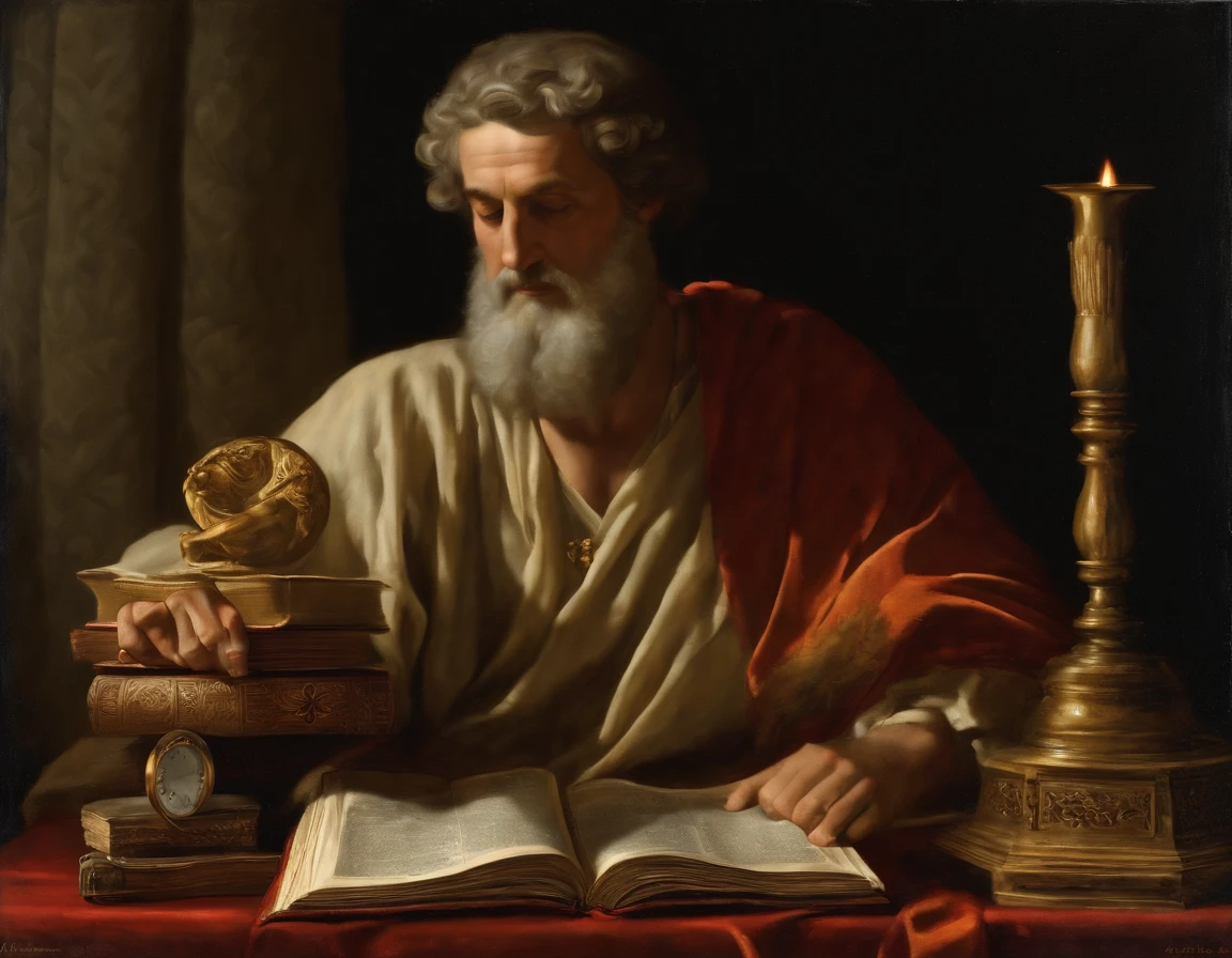 imagem de um homem sentado em uma mesa com um livro, Hefesto, Arquimedes, philosopher, O Deus Hefesto, Chiaroscuro estudioso, Directed by: Adriaen Hanneman, theophanes, artistic depiction, portrait of aristotle, filosofia, Directed by: Giorgio De Vincenzi, Hermes Trismegisto; Epicteto ::n_style drawing, Low quality imperfection, doll, game, anime