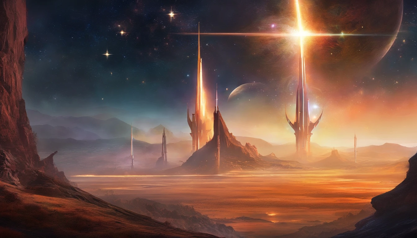 ((Masterpiece)),(Best quality)),Magnificent space image scene,heavenly body,Interstellar,((Huge star gates)),black hole,(((Huge starship))),Spaceship,Shining starry sky,8K,super-fine,high qulity