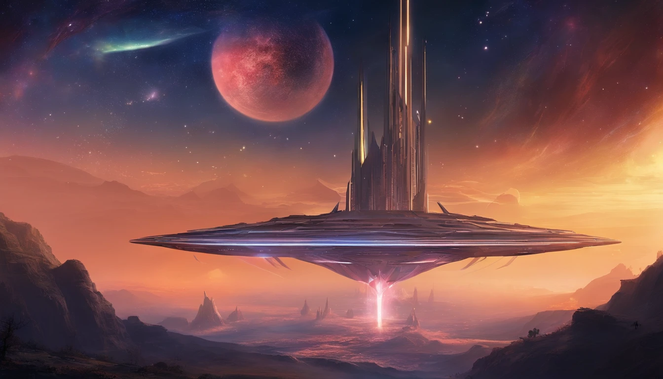 ((Masterpiece))，(Best quality))，Magnificent space image scene，heavenly body，Interstellar，（（Huge star gates）），black hole，（（（Huge starship））），Spaceship，Shining starry sky，8K，super-fine，high qulity
