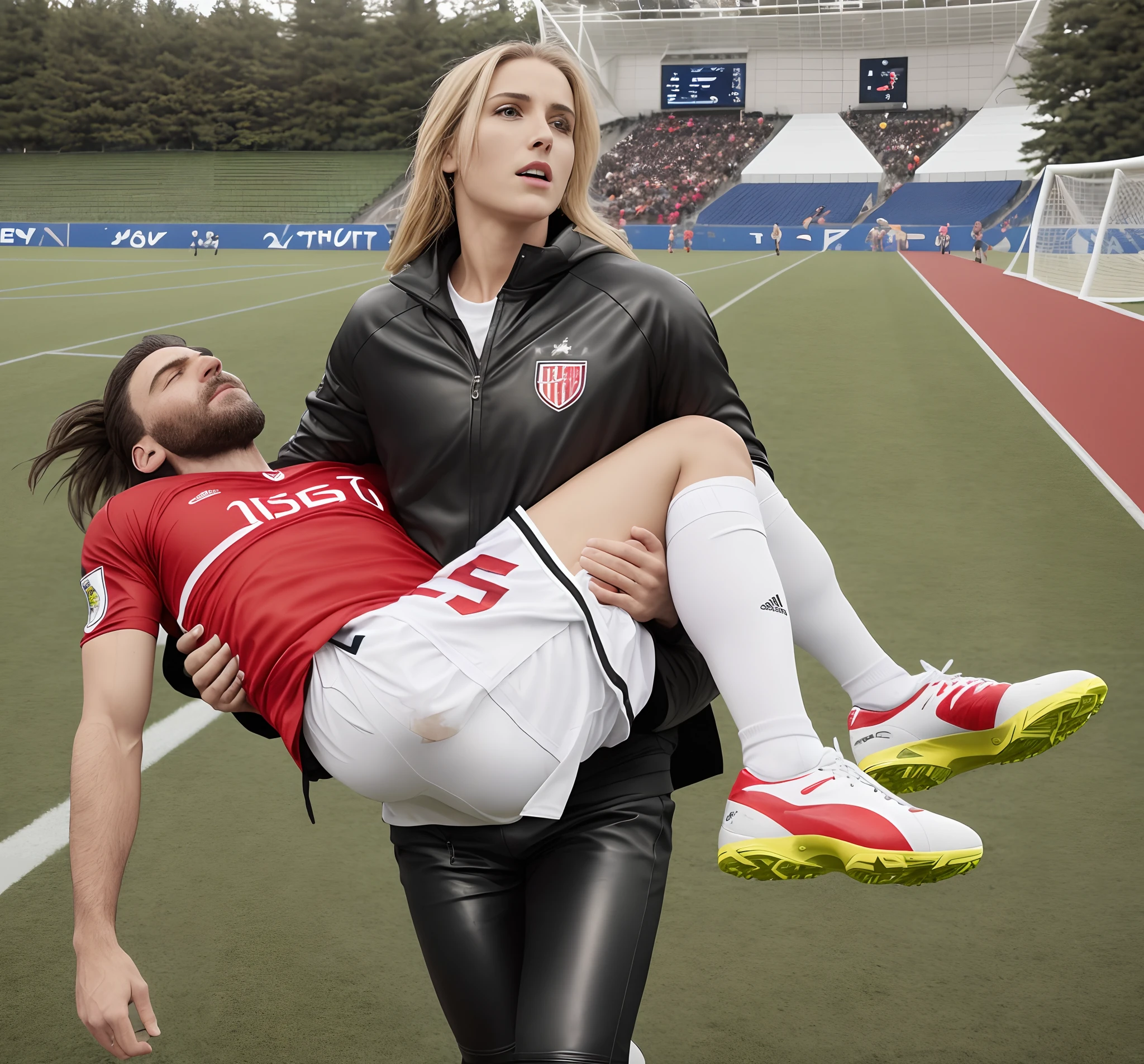 he wears white and red soccer shoes, men's soccer shoes, she carries the wounded man's body in her hands, she is crying for help, she is shouting out with desperation, Andrea grabs his legs and his body with her hands, the bearded man in Andrea's arms is visibly in pain, stadium atmosphere, the bearded man is lying consciousless in Andrea's arms with one arm hanging down, A scene at a soccer stadium, a bearded man lying in a caring women's arms, lying helpless in her arms with his head dangling down, he has one arm dangling down while being carried in the women's arms, There is an attractive and heavily made-up woman in a long black leather coat, A pretty woman in a shiny black leather coat on a soccer field, A wonderful woman is holding a passed out man, A man in matt and roughened sportswear is held diagonal in her arms, a man in a woman's arms and lets one arm dangling down, we see the man held in front of the woman's body, the man is cradled in the woman's arm while being carried, the beautiful woman is exceptionally heavily made up and has an extremely desperate and very angry expression on her face, high-resolution photo, realistic sports photo, soccer scene, woman in black shiny long leather coat, injury scene, real photo, ultra realistic, high definition, sports photography