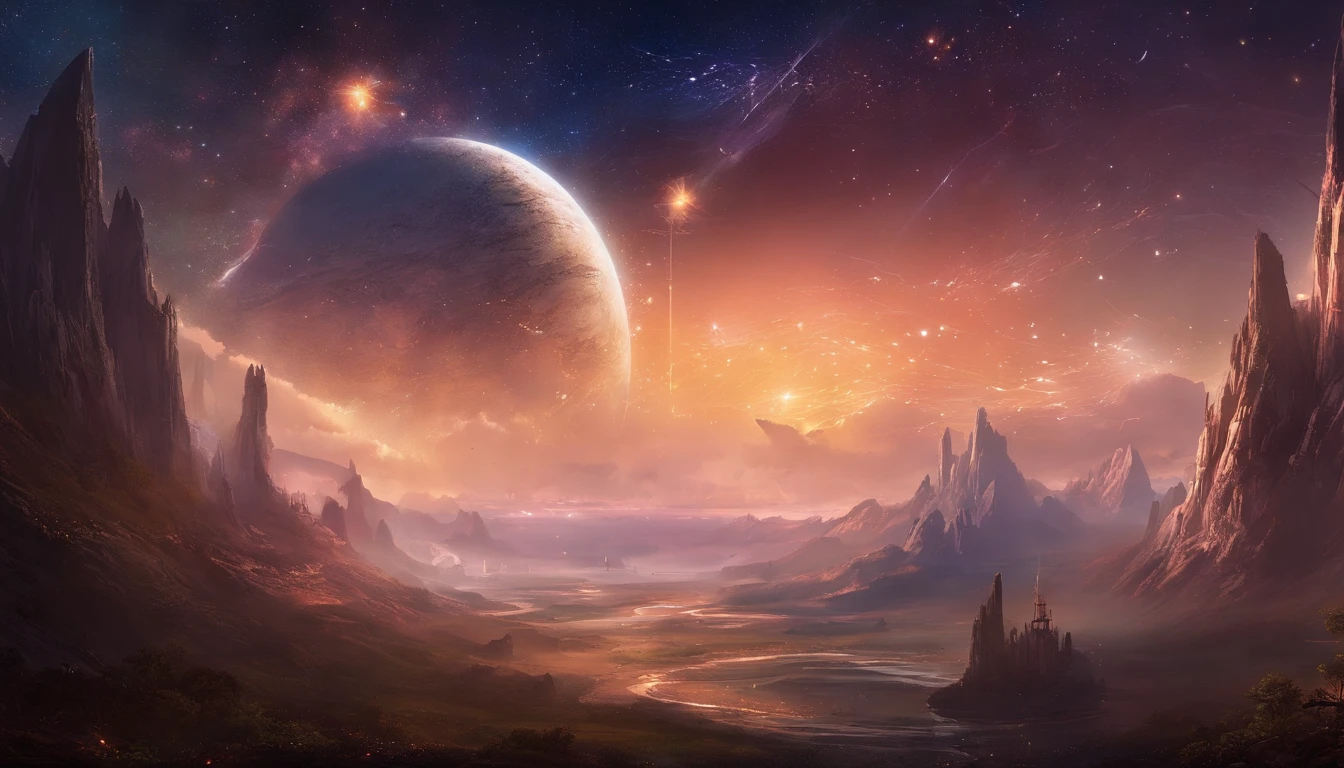 ((Masterpiece)),(Best quality)),Magnificent space image scene,heavenly body,Interstellar,((Huge star gates)),black hole,(((Huge starship))),Spaceship,Shining starry sky,8K,super-fine,high qulity