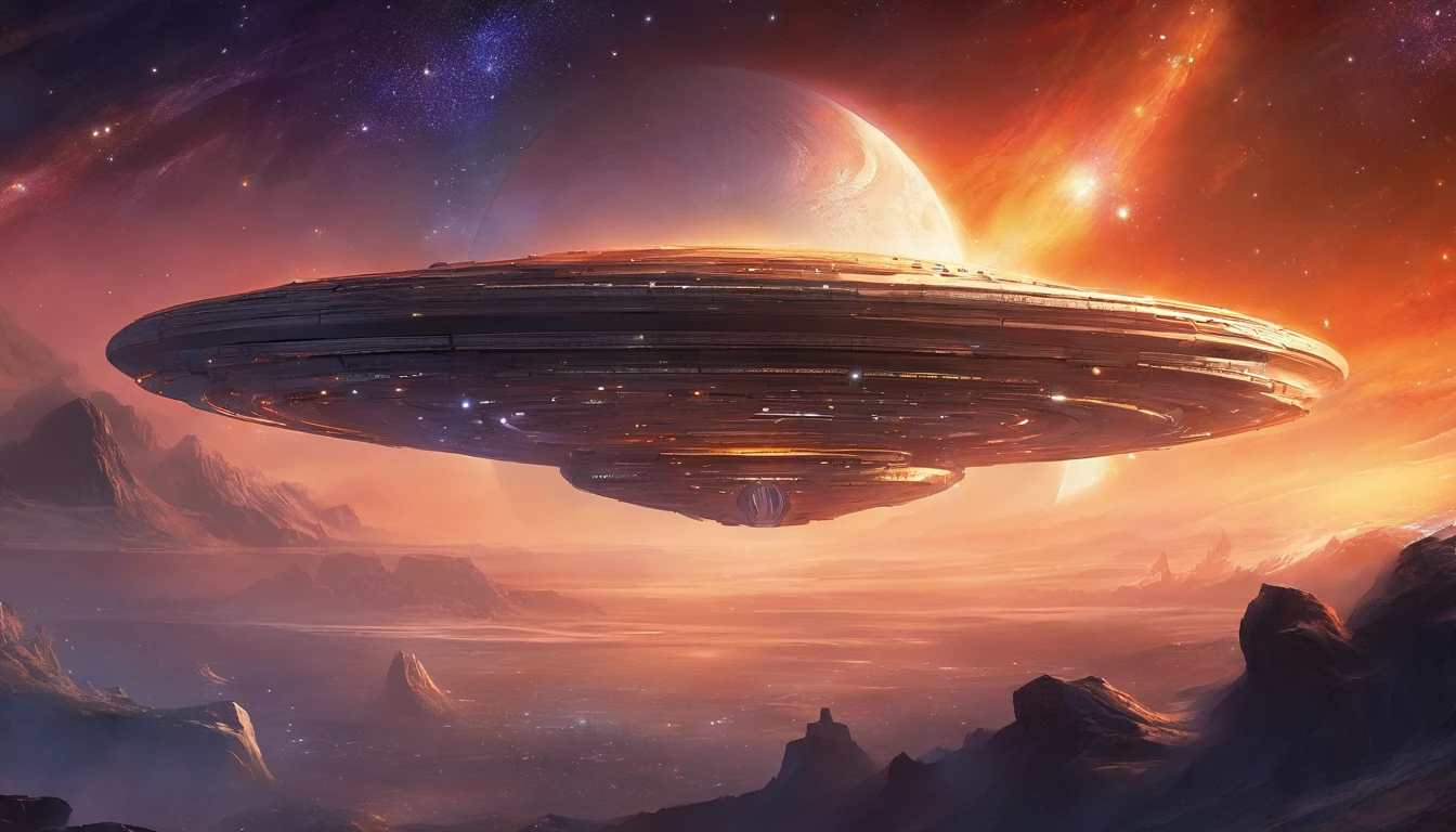 ((Masterpiece)),(Best quality)),Magnificent space image scene,heavenly body,Interstellar,((Huge star gates)),black hole,(((Huge starship))),Spaceship,Shining starry sky,8K,super-fine,high qulity