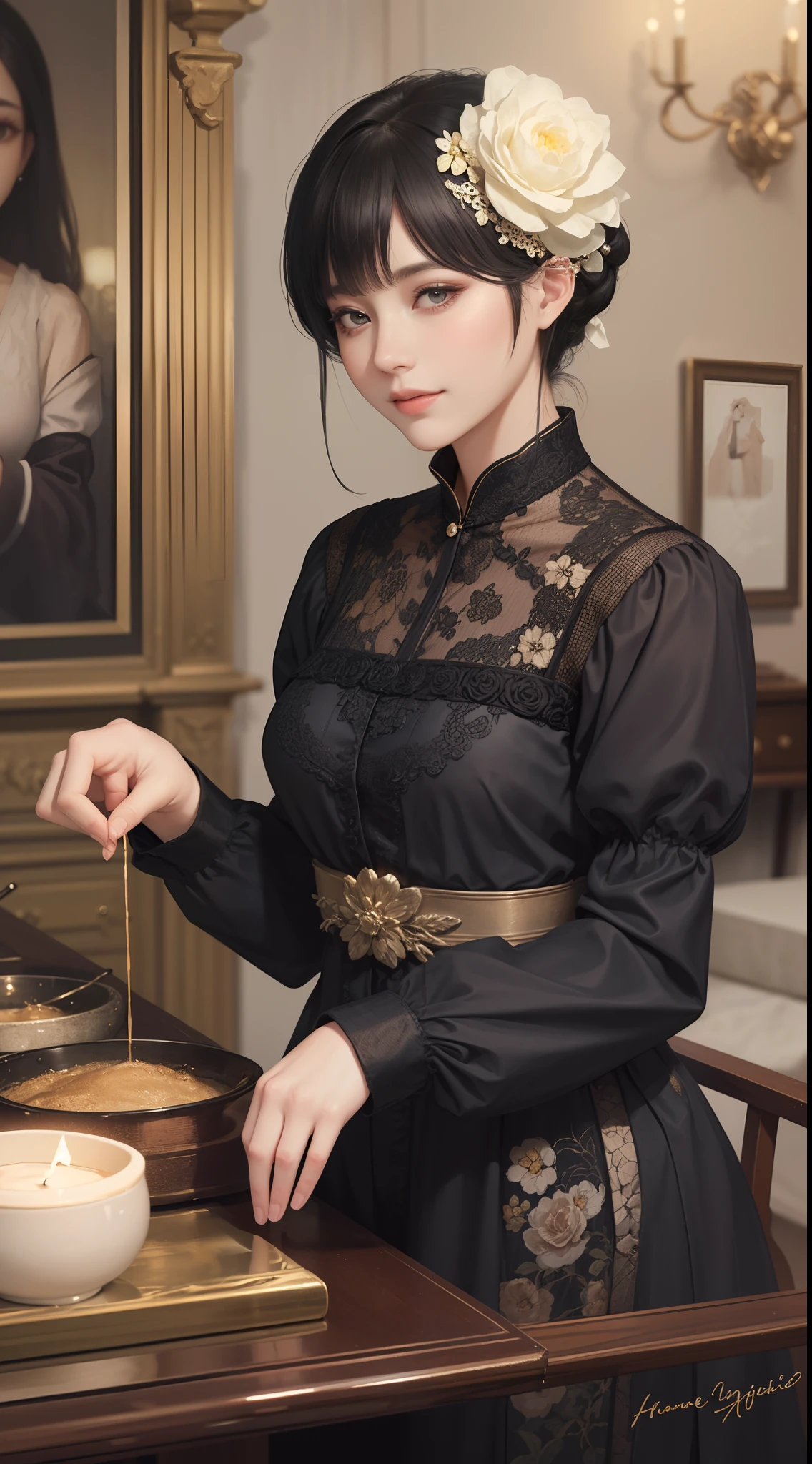 ((Best Quality))), (8K picture quality), ((masutepiece)), (Very sophisticated、Beautiful fece), (wearing dresses) , (1womanl), (Black Shorthair), Dress up, with floral pattern, Soft silk fabric, 电影灯光, Gentle expression, A slight smil, Luxurious interior