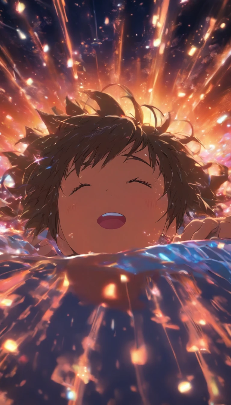 Masterpiece, high resolution, illustration, in style of kyoto animation, Your name is cinematic style, Night, midnight, Light, (1 woman: 1.3), (Solo: 1.4), Long eyelashes, a short bob, nose blush, futon, lying down, Naked, facial closeups, hiding chest with hands, Hiding by hand,