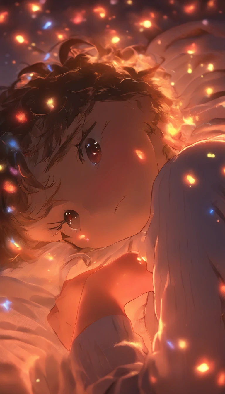 Masterpiece, high resolution, illustration, in style of kyoto animation, Your name is cinematic style, Night, midnight, Light, (1 woman: 1.3), (Solo: 1.4), Long eyelashes, a short bob, nose blush, futon, lying down, Naked, facial closeups, hiding chest with hands, Hiding by hand,