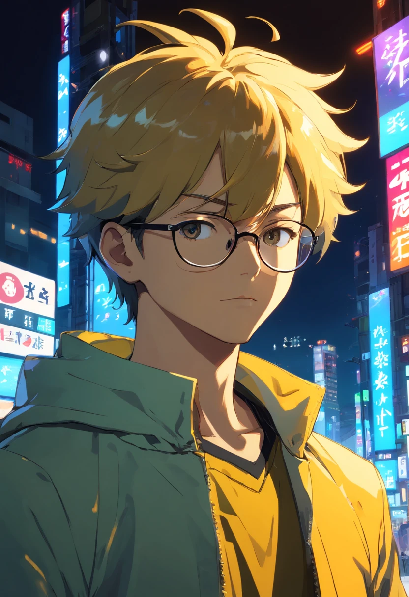 Yoji Shinkawa Phoenix in the background style with bright gold ,black man with glasses and shaved hair, 16k, UHD, best possible quality, ultra detailed, best possible resolution, Unreal Engine 5, professional photography, perfect, Furtastic_Detailer, ((neon light))