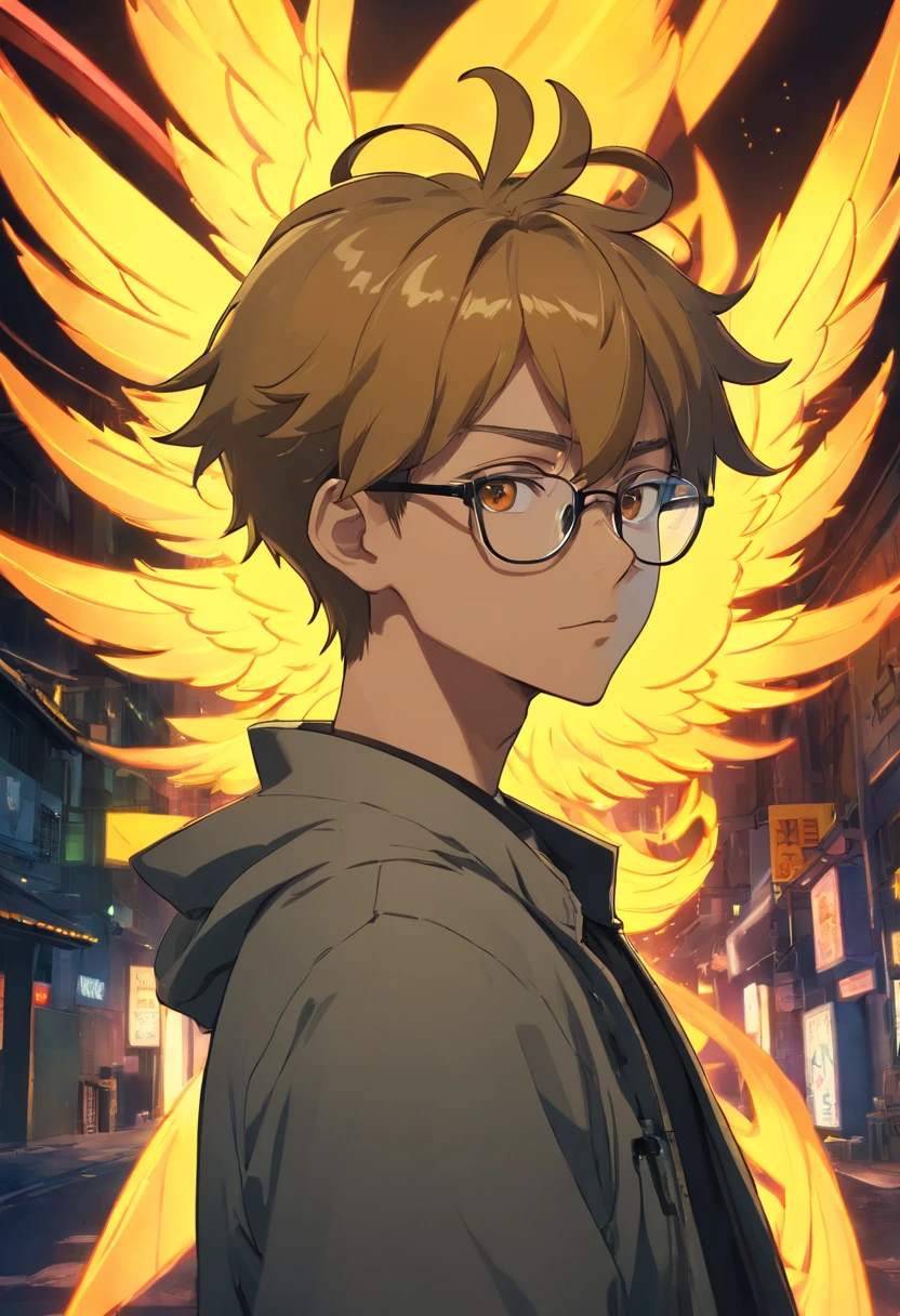 Yoji Shinkawa Phoenix in the background style with bright gold ,black man with glasses and shaved hair, 16k, UHD, best possible quality, ultra detailed, best possible resolution, Unreal Engine 5, professional photography, perfect, Furtastic_Detailer, ((neon light))