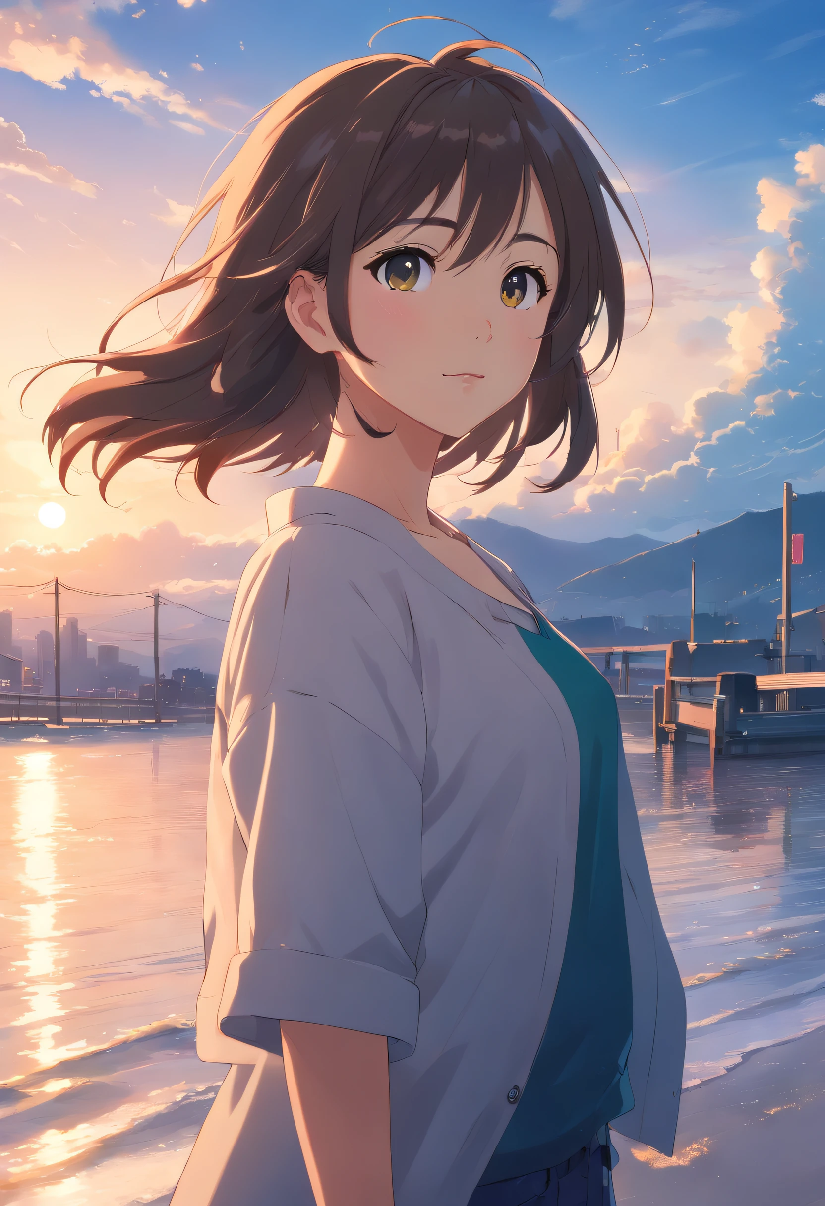 (masterpiece, best quality:1.2), looking at viewer, (earlyteen:1.2), (cinematic:1.4), wavy hair, (shiny skin, bright skin:1.2), outdoors, cloudy sky,
