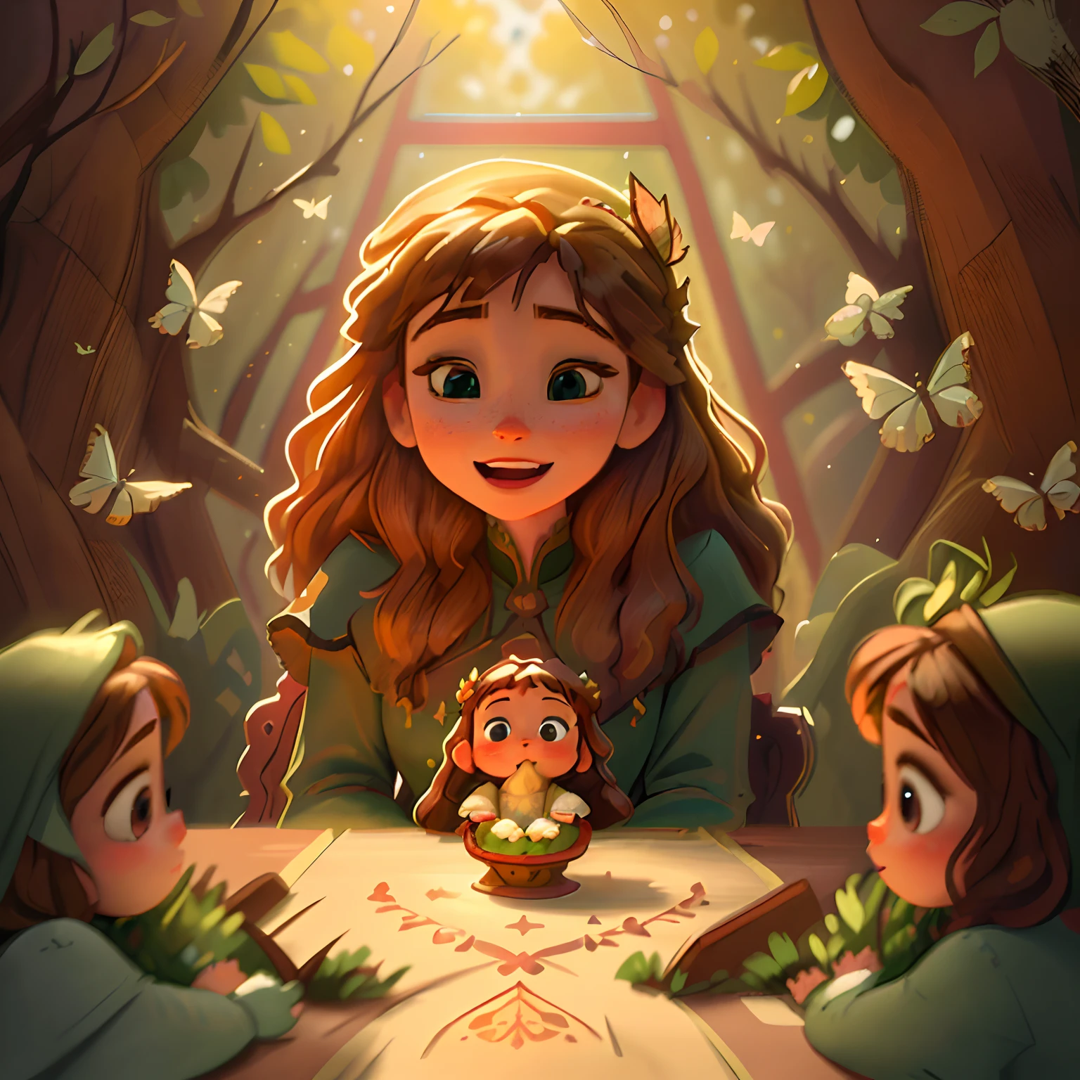 (highres:1.2),Happy moment, Medieval Mom and 2daughters,beautiful detailed eyes,lush green garden,long flowing hair,traditional medieval dresses,castle in the background,soft natural lighting,portrait,realistic colors,peaceful ambiance,immaculate details,classic oil painting,old master style,a moment frozen in time,subtle brush strokes,vibrant hues,serene expressions,loving bond between mother and daughters,graceful poses,sunlight streaming through the trees,meticulous attention to detail,expression of tenderness and care,impressive depth and dimension,majestic architecture,storybook-like atmosphere,mother's nurturing presence,sparkling jewels and headpieces,triumphant yet tender,ancient tapestries and decor,floral patterns and embroidery,draped fabrics and textures,delicate lace and ruffles,sumptuous banquet table in the castle,playful interaction between the daughters,jewel-toned stained glass windows,lush blooming flowers,butterflies and birds fluttering around,unraveling stories and mysteries,an enchanting tale of love and family.