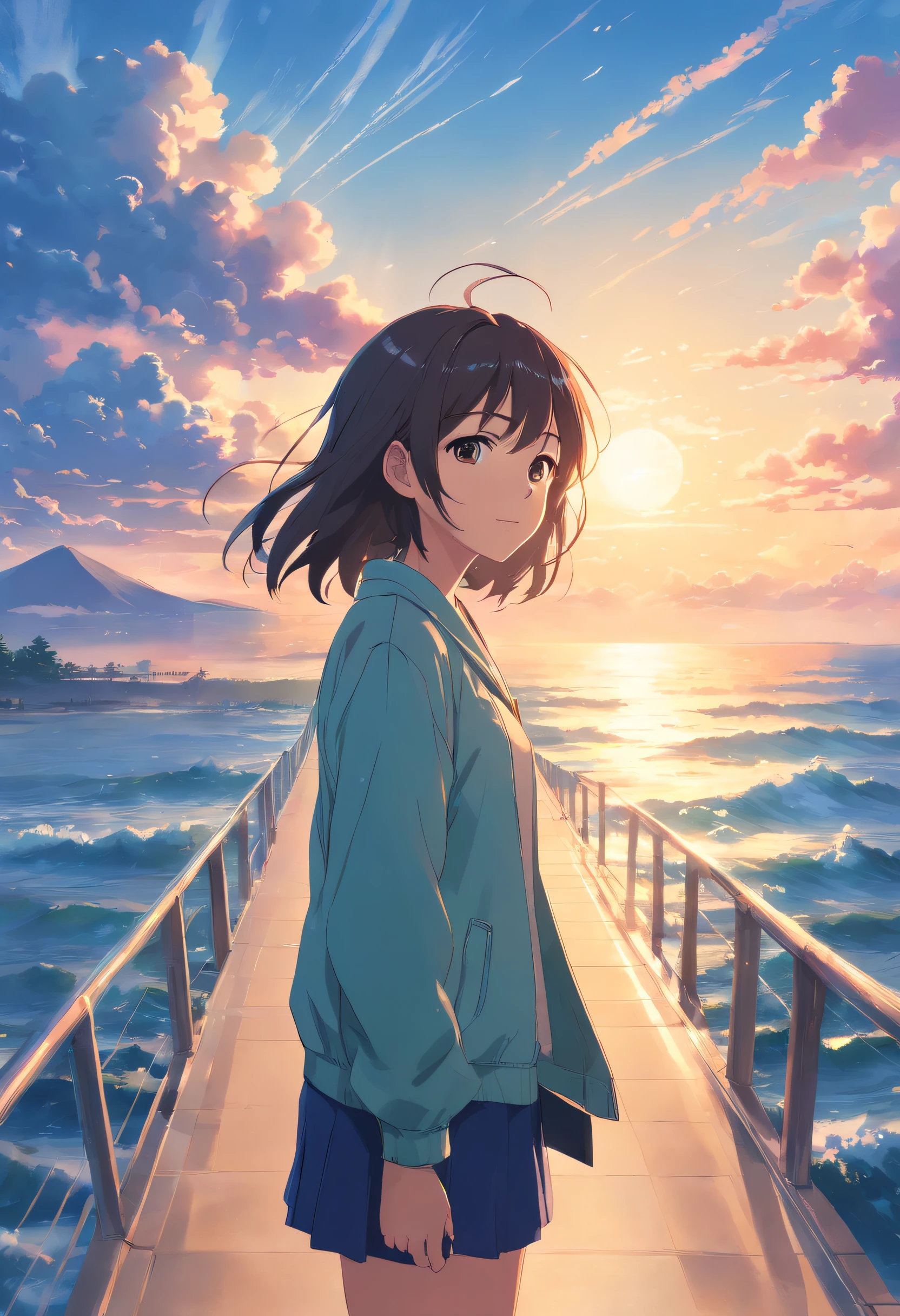 (masterpiece, best quality:1.2), looking at viewer, (earlyteen:1.2), (cinematic:1.4), wavy hair, (shiny skin, bright skin:1.2), outdoors, cloudy sky,