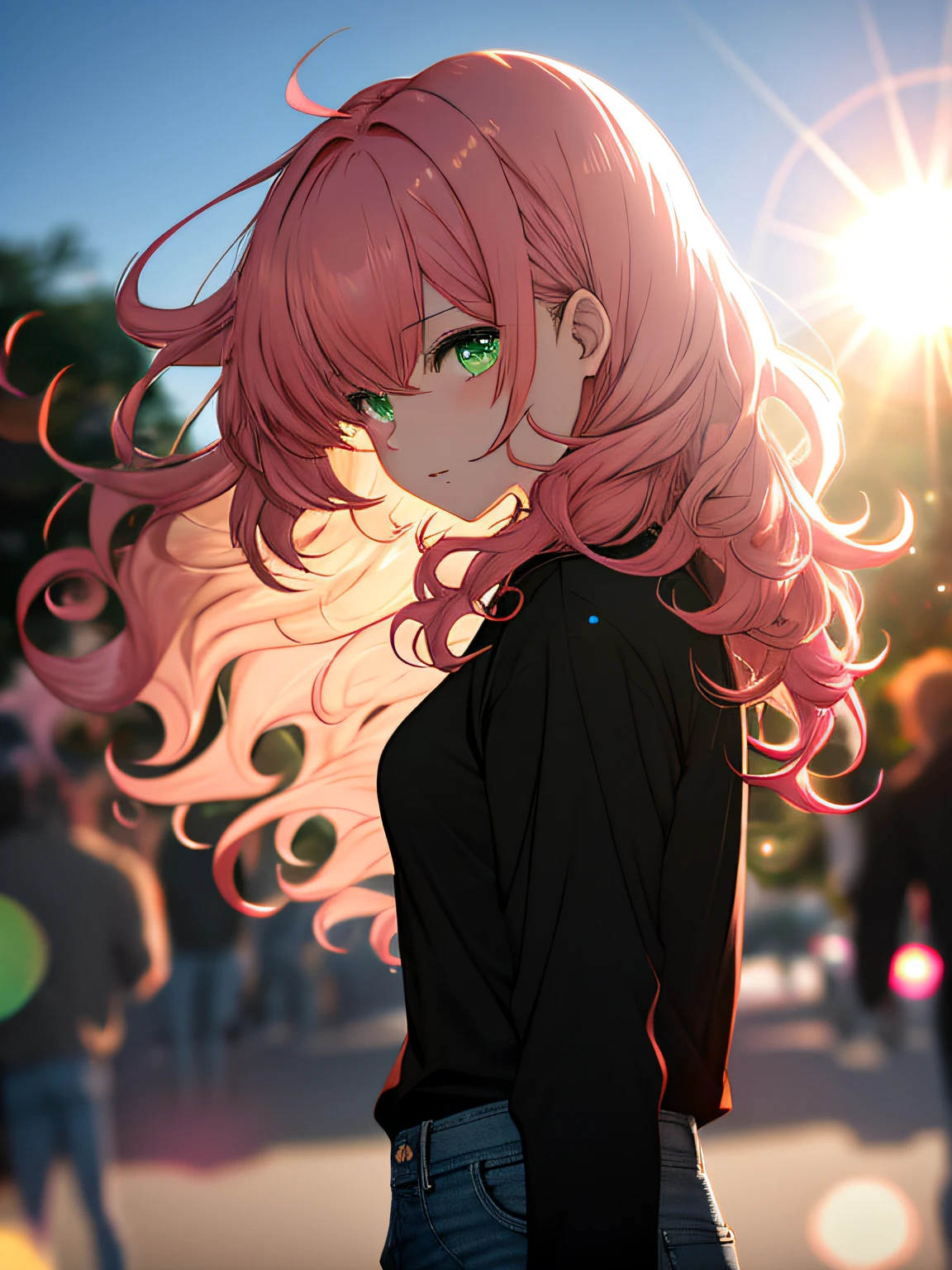 a girl, black shirt, jeans, sun glare, bokeh, depth of field, blurry background, light particles, strong wind, pink hair, long curly pink hair green eyes, curly hair