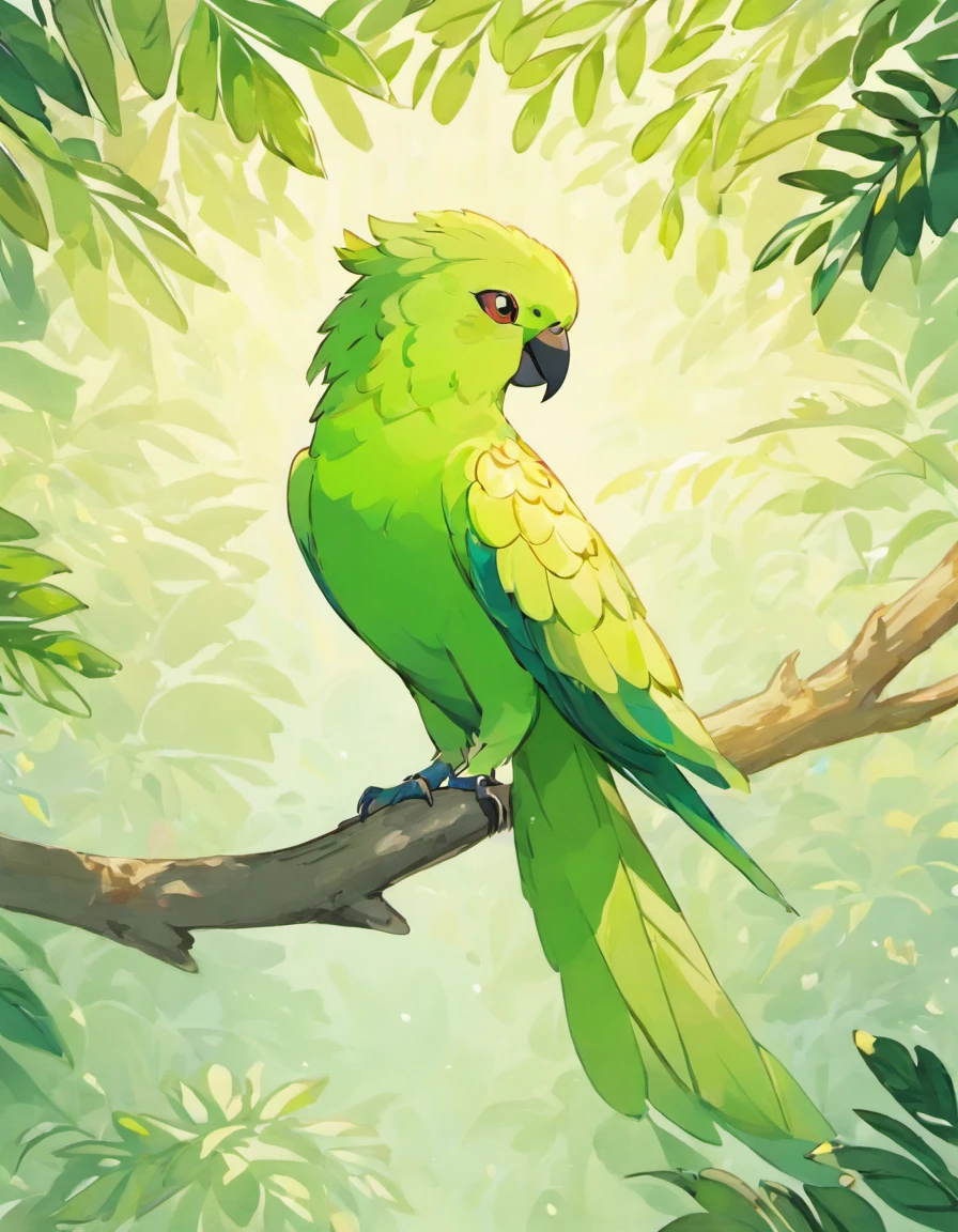 I would like to create the following animal in the sowsow pokemon art style, with a white background, In this stunning illustration, a solitary Amazon Parrot takes center stage, showcasing the exquisite beauty and vibrant personality that define this avian species. The parrot is perched gracefully on a textured branch, its claws delicately gripping the surface while displaying a sense of confidence and composure, the bird looks like it is about to fly and has its wings open