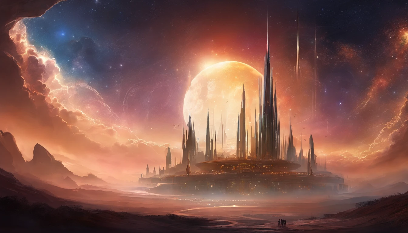 ((Masterpiece)),(Best quality)),Magnificent space image scene,heavenly body,Interstellar,((Huge star gates)),black hole,(((Huge starship))),Spaceship,Shining starry sky,8K,super-fine,high qulity