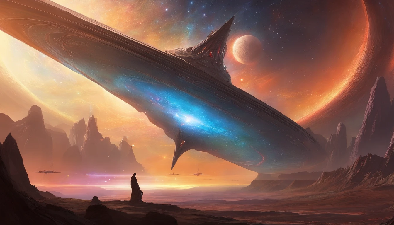 ((Masterpiece)),(Best quality)),Magnificent space image scene,heavenly body,Interstellar,((Huge star gates)),black hole,(((Huge starship))),Spaceship,Shining starry sky,8K,super-fine,high qulity