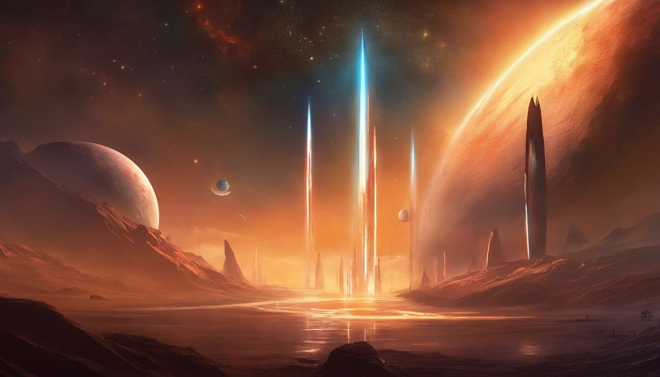 ((Masterpiece)),(Best quality)),Magnificent space image scene,heavenly body,Interstellar,((Huge star gates)),black hole,(((Huge starship))),Spaceship,Shining starry sky,8K,super-fine,high qulity