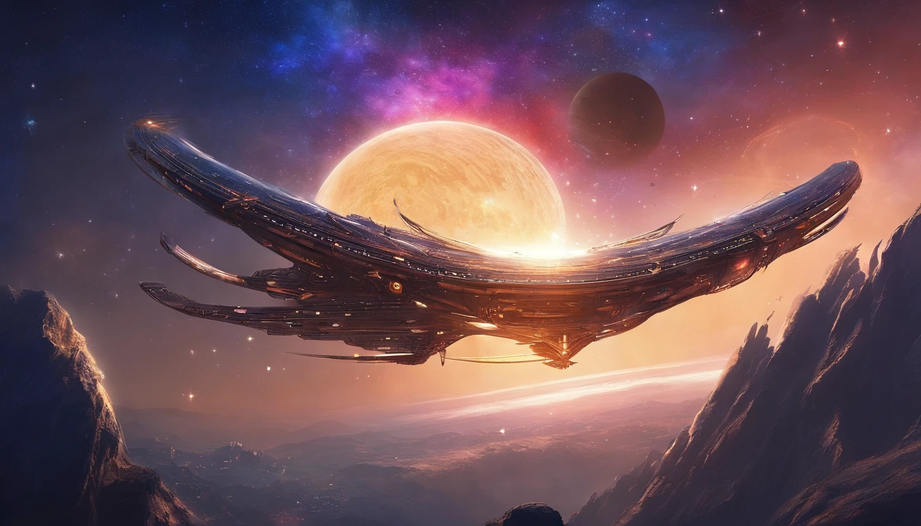 ((Masterpiece))，(Best quality))，Magnificent space image scene，heavenly body，Interstellar，（（Huge star gates）），black hole，（（（Huge starship））），Spaceship，Shining starry sky，8K，super-fine，high qulity