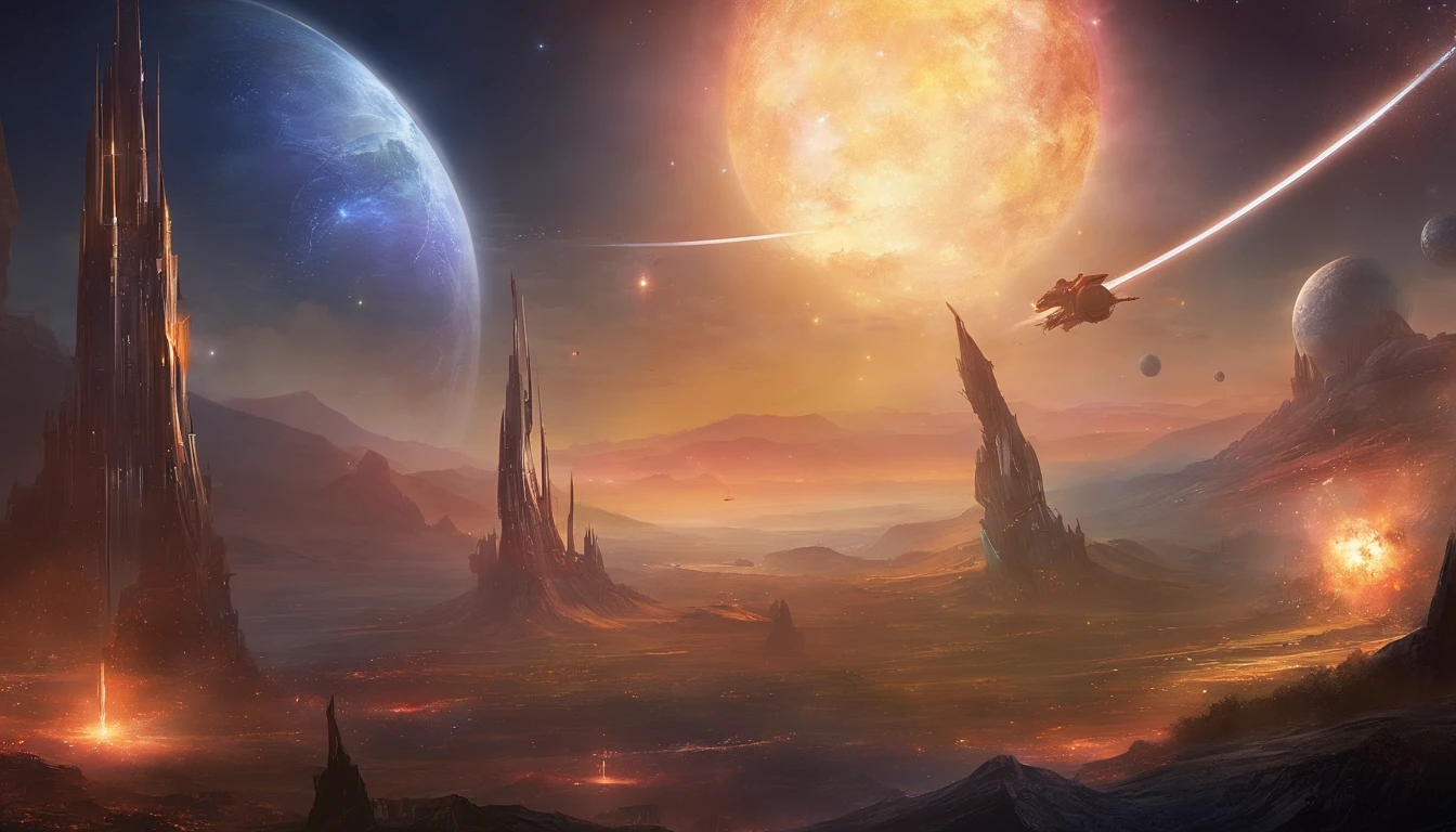 ((Masterpiece)),(Best quality)),Magnificent space image scene,heavenly body,Interstellar,((Huge star gates)),black hole,(((Huge starship))),Spaceship,Shining starry sky,8K,super-fine,high qulity