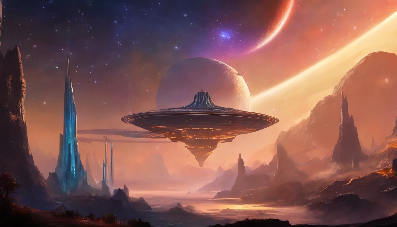 ((Masterpiece))，(Best quality))，Magnificent space image scene，heavenly body，Interstellar，（（Huge star gates）），black hole，（（（Huge starship））），Spaceship，Shining starry sky，8K，super-fine，high qulity