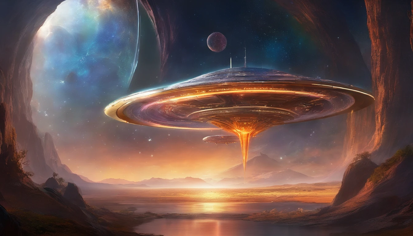 ((Masterpiece)),(Best quality)),Magnificent space image scene,heavenly body,Interstellar,((Huge star gates)),black hole,(((Huge starship))),Spaceship,Shining starry sky,8K,super-fine,high qulity