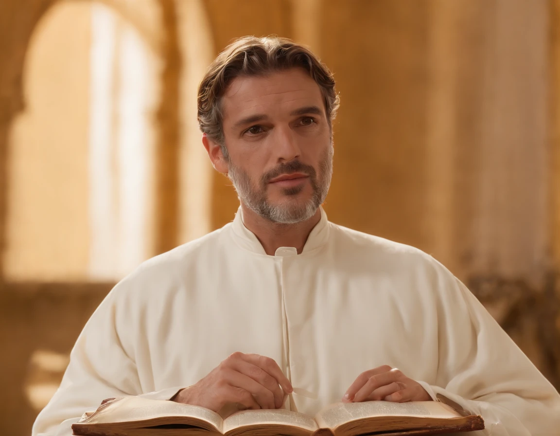 imagem de um homem sentado em uma mesa com um livro, Hefesto, Arquimedes, philosopher, O Deus Hefesto, Chiaroscuro estudioso, Directed by: Adriaen Hanneman, theophanes, artistic depiction, portrait of aristotle, filosofia, Directed by: Giorgio De Vincenzi, Hermes Trismegisto; Epicteto ::n_style drawing, Low quality imperfection, doll, game, anime