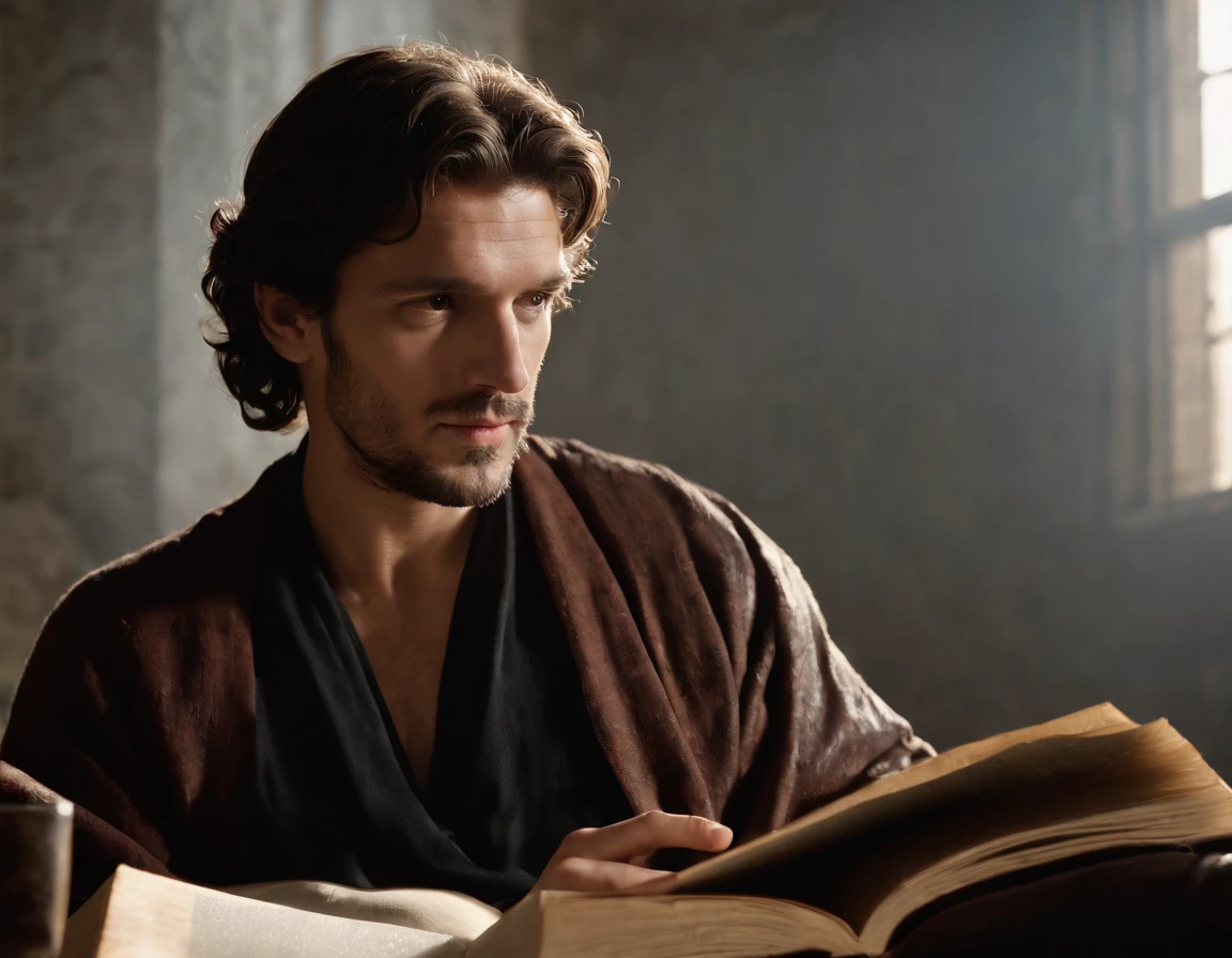 imagem de um homem sentado em uma mesa com um livro, Hefesto, Arquimedes, philosopher, O Deus Hefesto, Chiaroscuro estudioso, Directed by: Adriaen Hanneman, theophanes, artistic depiction, portrait of aristotle, filosofia, Directed by: Giorgio De Vincenzi, Hermes Trismegisto; Epicteto ::n_style drawing, Low quality imperfection, doll, game, anime