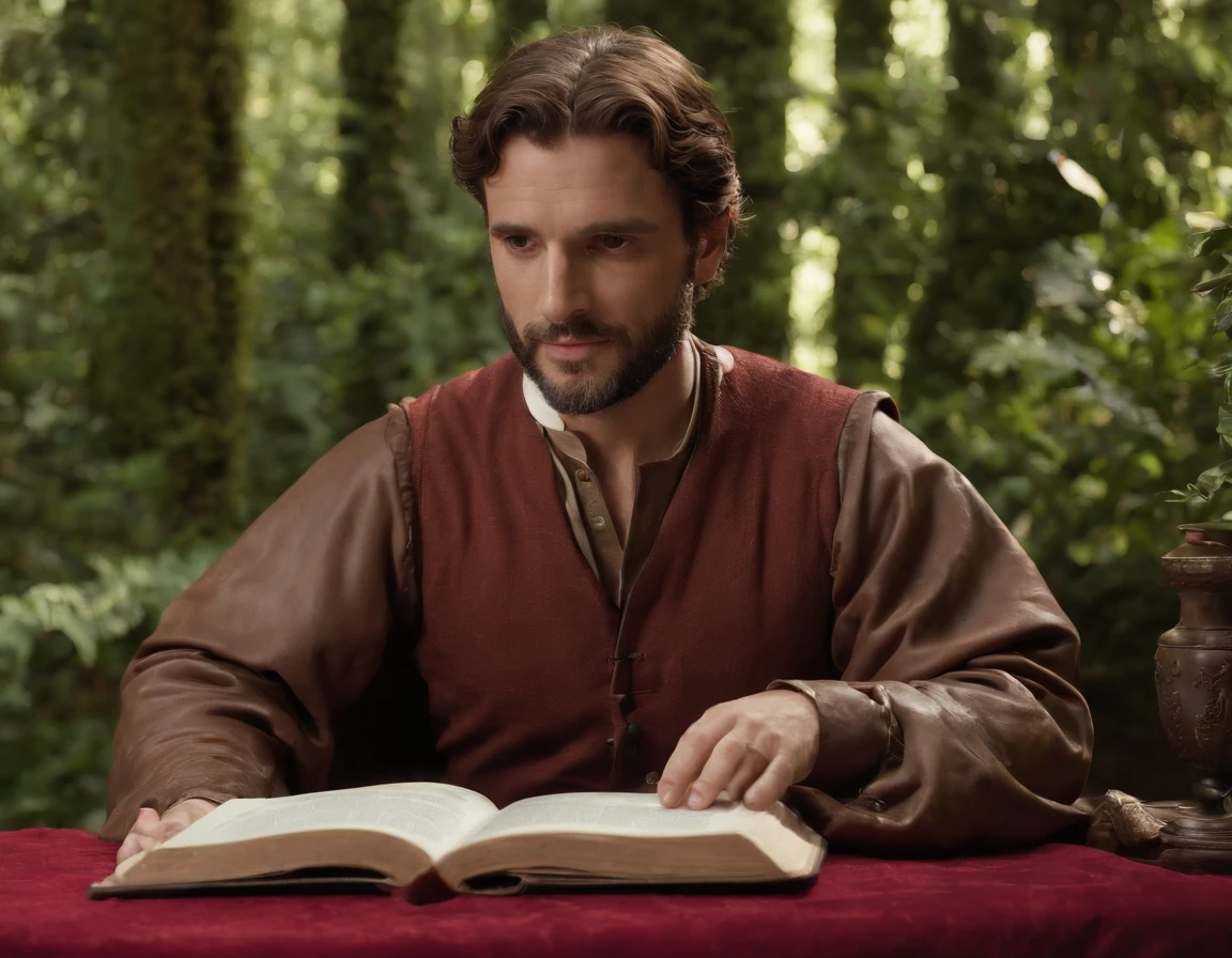 imagem de um homem sentado em uma mesa com um livro, Hefesto, Arquimedes, philosopher, O Deus Hefesto, Chiaroscuro estudioso, Directed by: Adriaen Hanneman, theophanes, artistic depiction, portrait of aristotle, filosofia, Directed by: Giorgio De Vincenzi, Hermes Trismegisto; Epicteto ::n_style drawing, Low quality imperfection, doll, game, anime