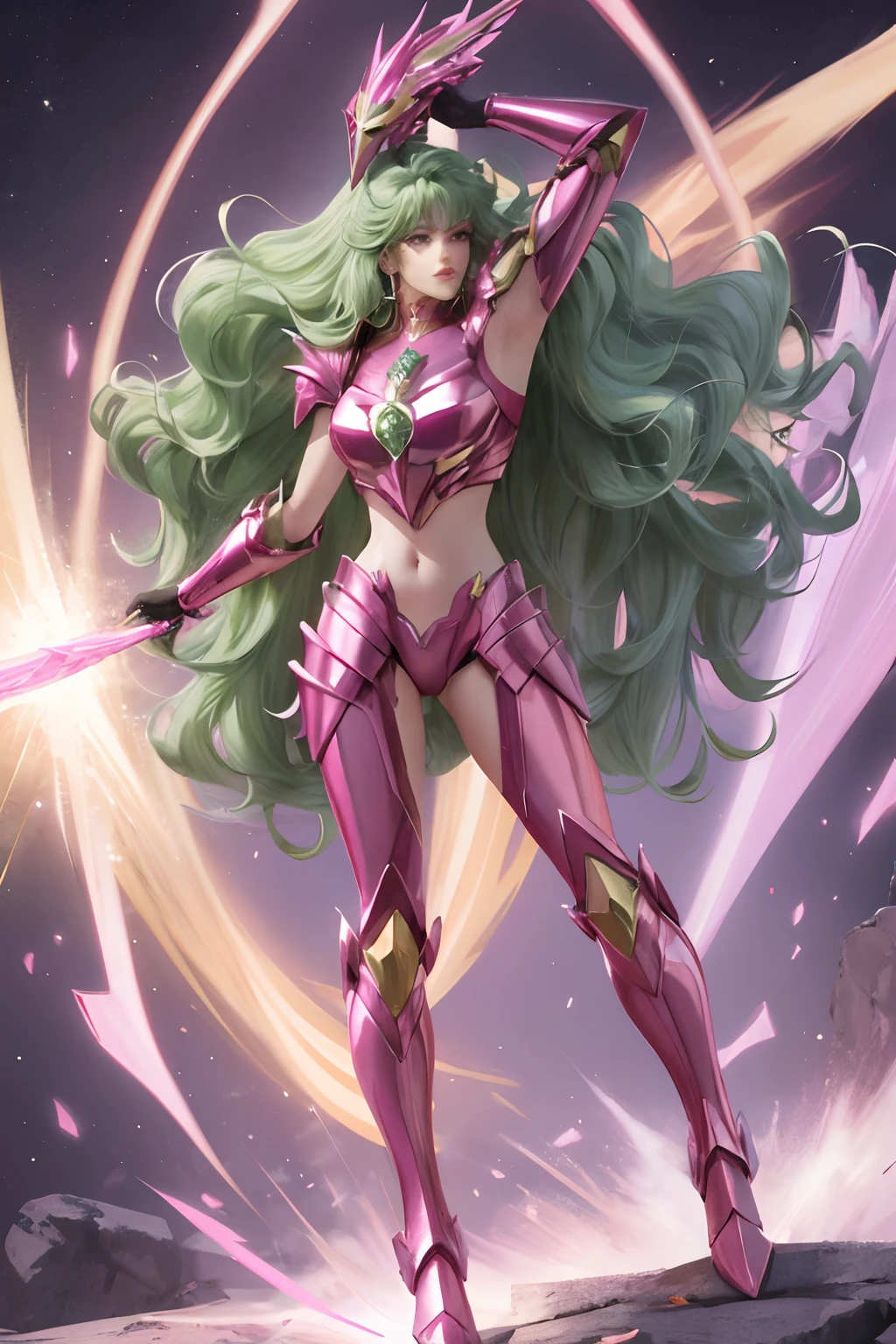 realistic image 8k, 1 beautiful girl full body of (long wavy green hair), slim waist, (saint seiya shun andromeda armor of metallic pink color), (helmet metallic pink color)