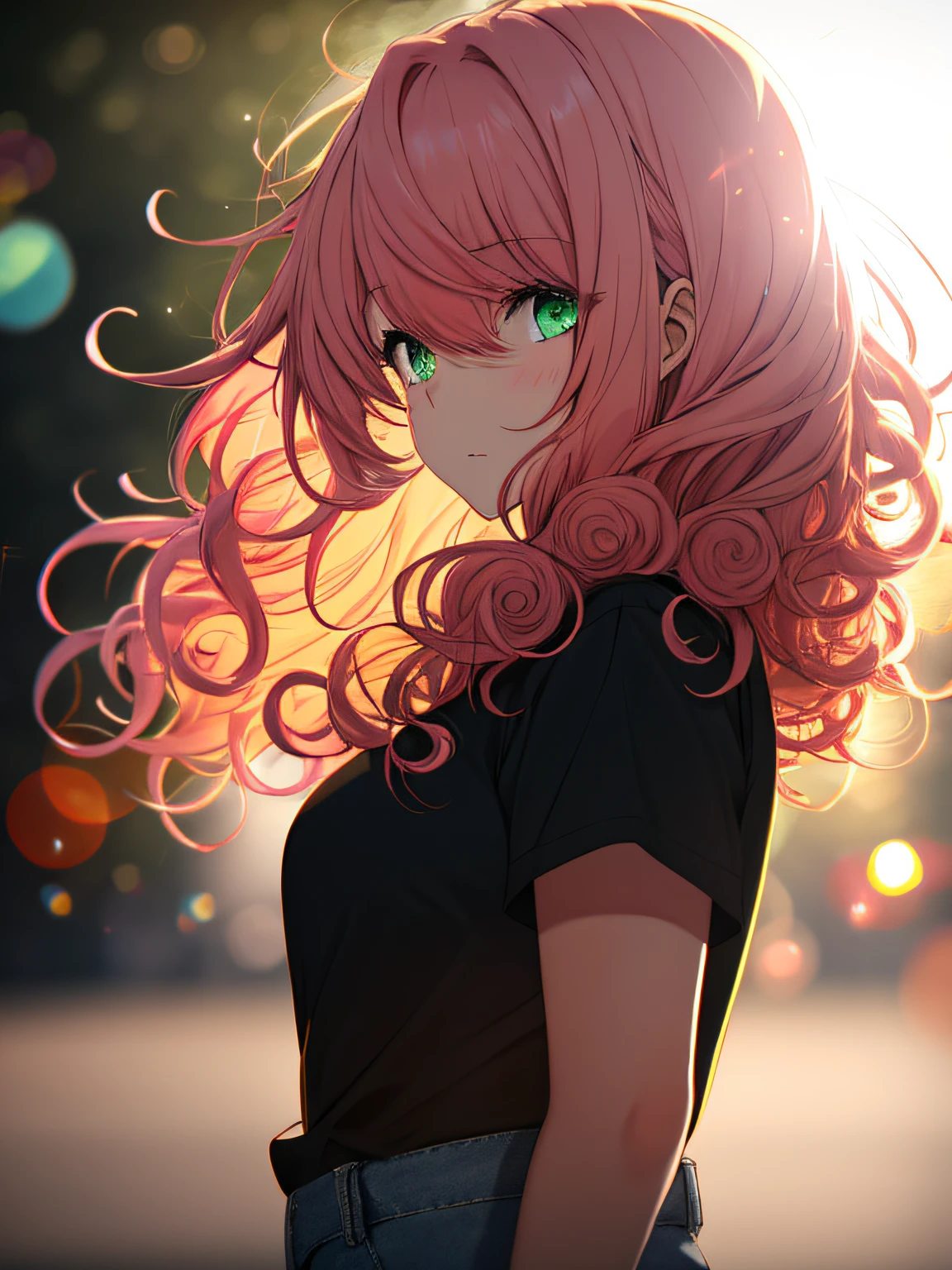 a girl, black shirt, jeans, sun glare, bokeh, depth of field, blurry background, light particles, strong wind, pink hair, long curly pink hair green eyes, curly hair