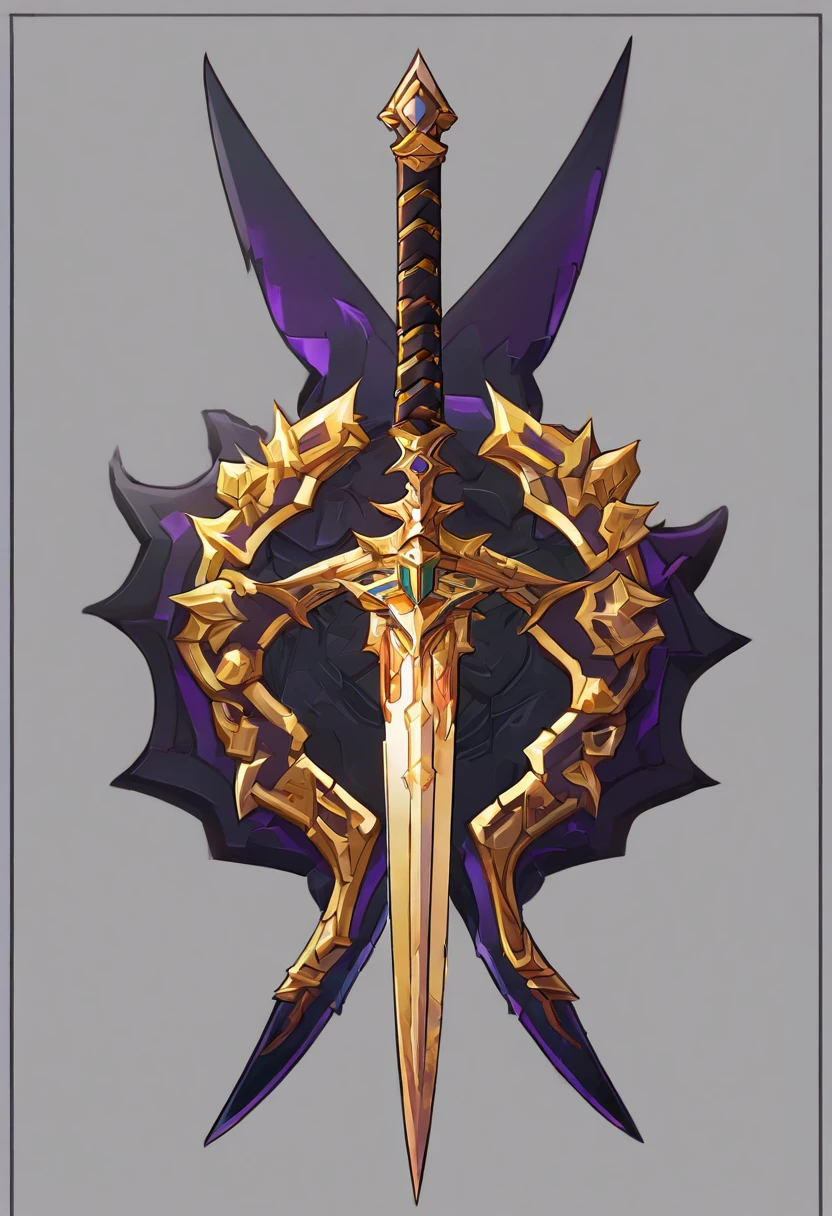 A close-up of a sword with a gold and purple design, sword design, fantasy sword, Espada enorme, Fantasy RPG weapon art, espada bonita, Gran espada, Warrior fantasy sword, Gran espada, Espada de Oro, Epic fantasy weapon art, Arma de hoja de guerra, Arte de armas de Warcraft Blizzard, Arte conceptual del arma, intricate fantasy spear, Espada de cadena en el otro, Elemento del juego de rol, Escudo interior de la espada, Estilo Ronan de tercera clase de juego Grand Chase, Negro con detalles dorados