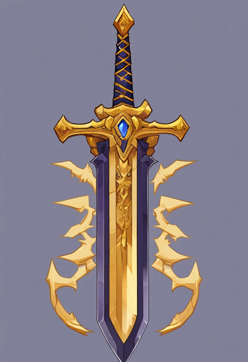 A close-up of a sword with a gold and purple design, sword design, fantasy sword, Espada enorme, Fantasy RPG weapon art, espada bonita, Gran espada, Warrior fantasy sword, Gran espada, Espada de Oro, Epic fantasy weapon art, Arma de hoja de guerra, Arte de armas de Warcraft Blizzard, Arte conceptual del arma, intricate fantasy spear, Espada de cadena en el otro, Elemento del juego de rol, Escudo interior de la espada, Estilo Ronan de tercera clase de juego Grand Chase, Negro con detalles dorados