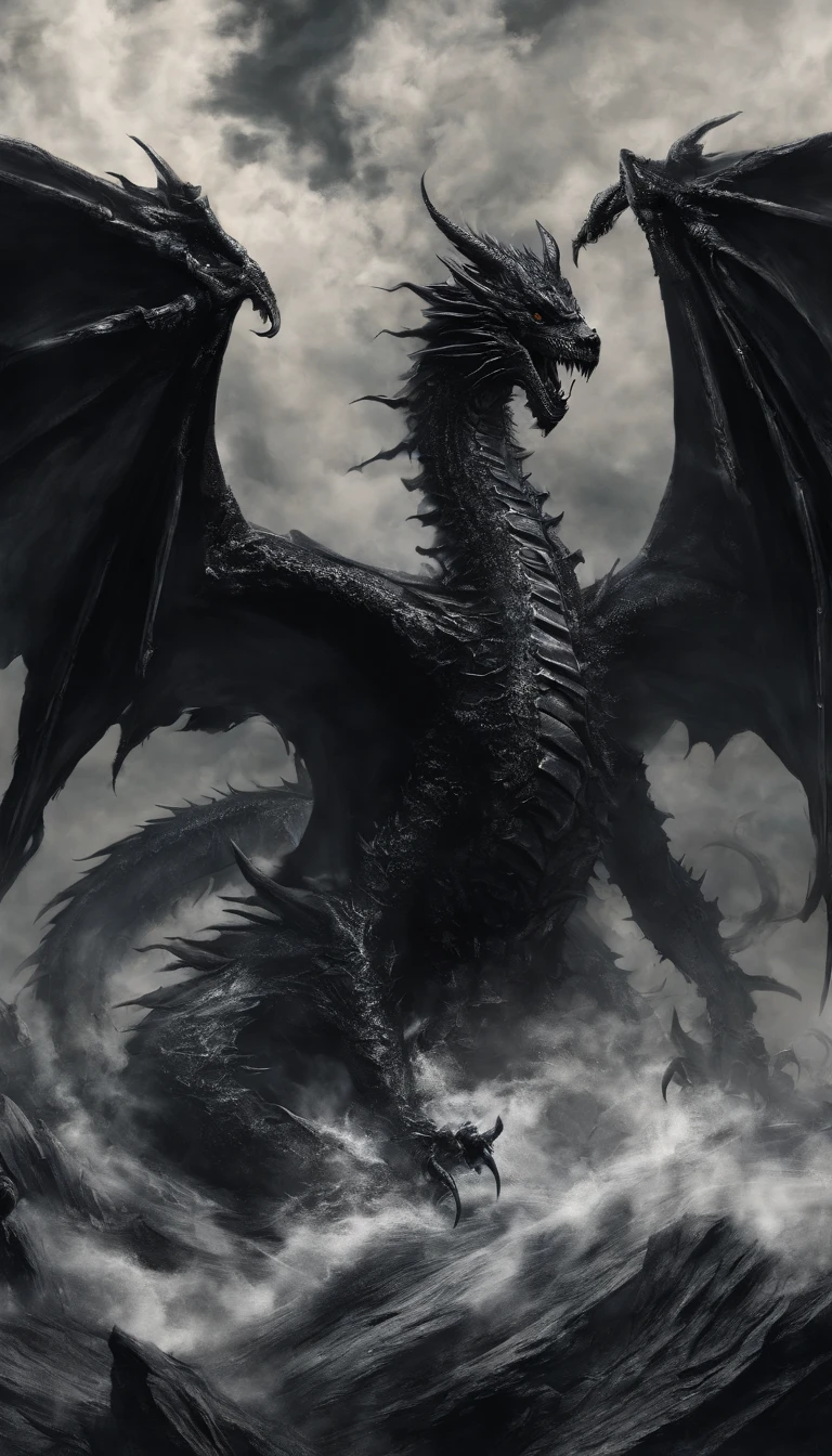 Black dragons fight white dragons above the sky，Under the sky is the vast sea