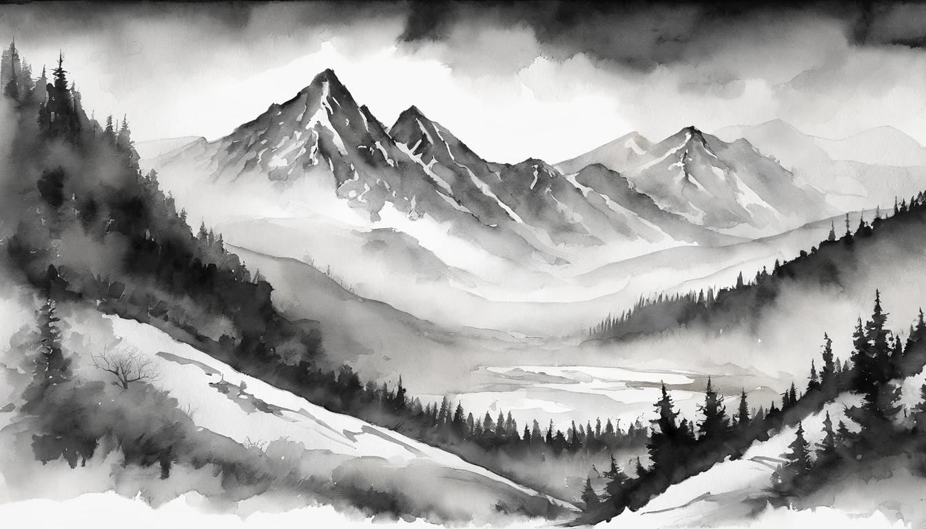 (masutepiece、In a night blizzard, Steep snowy mountains towering in front of you emerge in the dim light)::Style (ink and watercolor painting、grayscales)