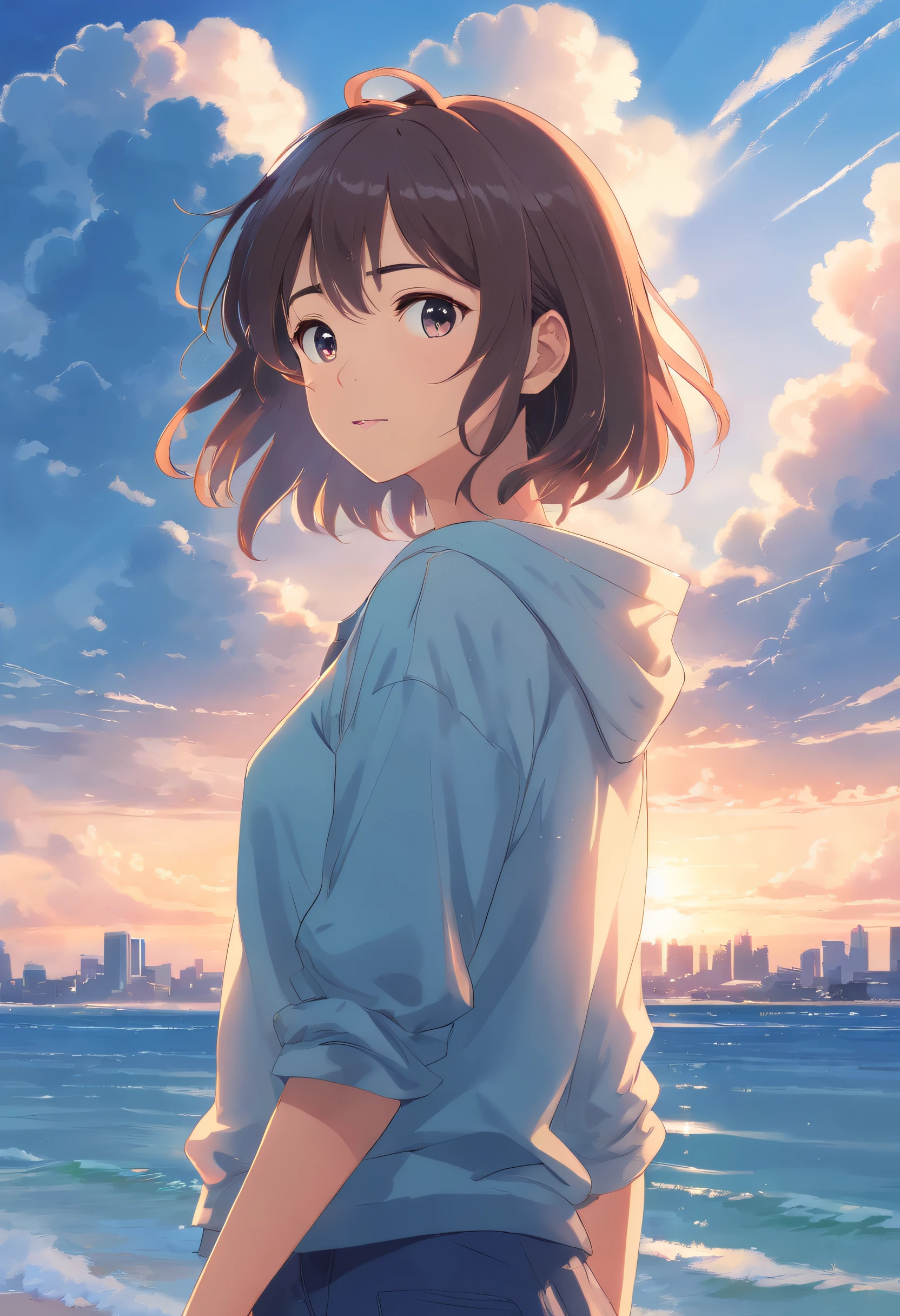 (masterpiece, best quality:1.2),  looking at viewer, (earlyteen:1.2), (cinematic:1.4), wavy hair, (shiny skin, bright skin:1.2), outdoors, cloudy sky,