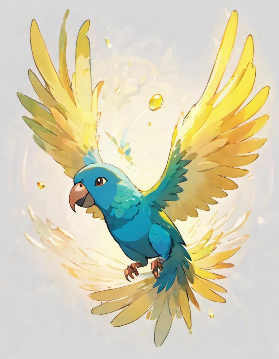 I would like to create the following animal in the sowsow pokemon art style, with a white background, In this stunning illustration, a solitary Amazon Parrot takes center stage, showcasing the exquisite beauty and vibrant personality that define this avian species. The parrot is perched gracefully on a textured branch, its claws delicately gripping the surface while displaying a sense of confidence and composure, the bird looks like it is about to fly and has its wings open, In a breathtaking display of freedom and grace, the bird extends its wings wide open, revealing a mesmerizing array of feathers in full glory. Its wingspan stretches proudly, as if embracing the heavens themselves. The sheer magnitude of the outstretched wings commands attention and respect.

Every feather seems meticulously arranged, catching the light and radiating an ethereal beauty. The primary feathers at the tip of each wing are the focal point, showcasing rich, intricate patterns and gradients of color. Each individual feather, a masterpiece of nature's design, creates a symphony of hues, from iridescent blues and greens to warm, earthy tones.

As the bird holds its wings aloft, secondary feathers fan out gracefully, forming an elegant arc that seems to defy gravity. These feathers, while not as vibrant as the primaries, contribute to the overall impression of splendor. They create a soft, harmonious backdrop, allowing the brilliance of the primary feathers to shine even brighter.

The bird's tail feathers, too, play a role in this majestic tableau. Whether fan-shaped or elegantly tapered, they add balance and symmetry to the composition. Their coloration complements the rest of the plumage, adding to the bird's overall allure.

This breathtaking display, a testament to the bird's mastery of flight and its intrinsic beauty, is a sight to behold. It is a moment frozen in time, where nature's artistry is on full display, and the bird's wings become a living canvas of color, texture, and gra