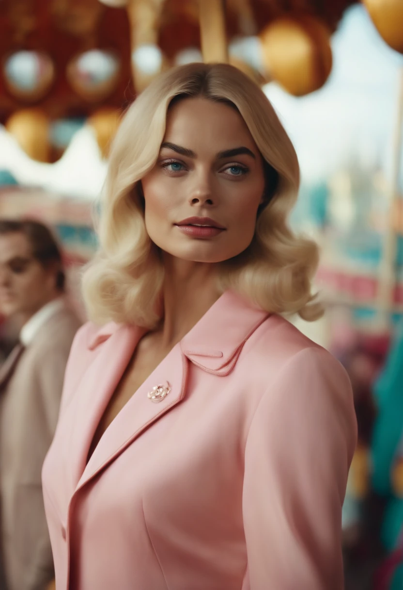60's　retro-futuristic　An amusement park　natta　femele　full bodyesbian　high fashion　swedish, face of margot robbie　a blond　Pink Chanel Suit　20yr old　merry-go-round