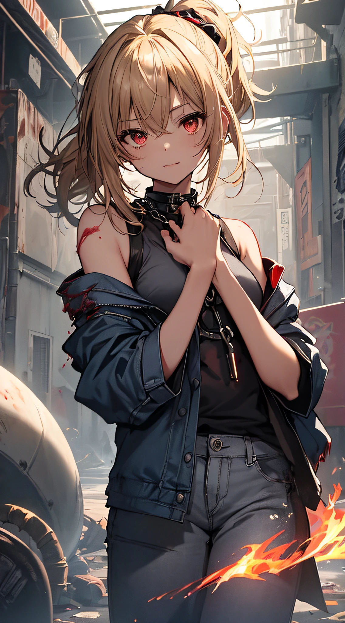 top-quality、Top image quality、​masterpiece、girl with((18year old、tatteredclothing、Black tank top、Blue jacket、White pants、Best Bust、Bust 85、a blond、disheveled ponytail、Red Eyes、open chest wide、Happiness、Return blood、Blood from the mouth、Holding a chain sickle in both hands、carrying a guitar)）hiquality、visualart、Background with((Live performance venue、knight、Combustion Renditions))、Voice bubbles(♡）